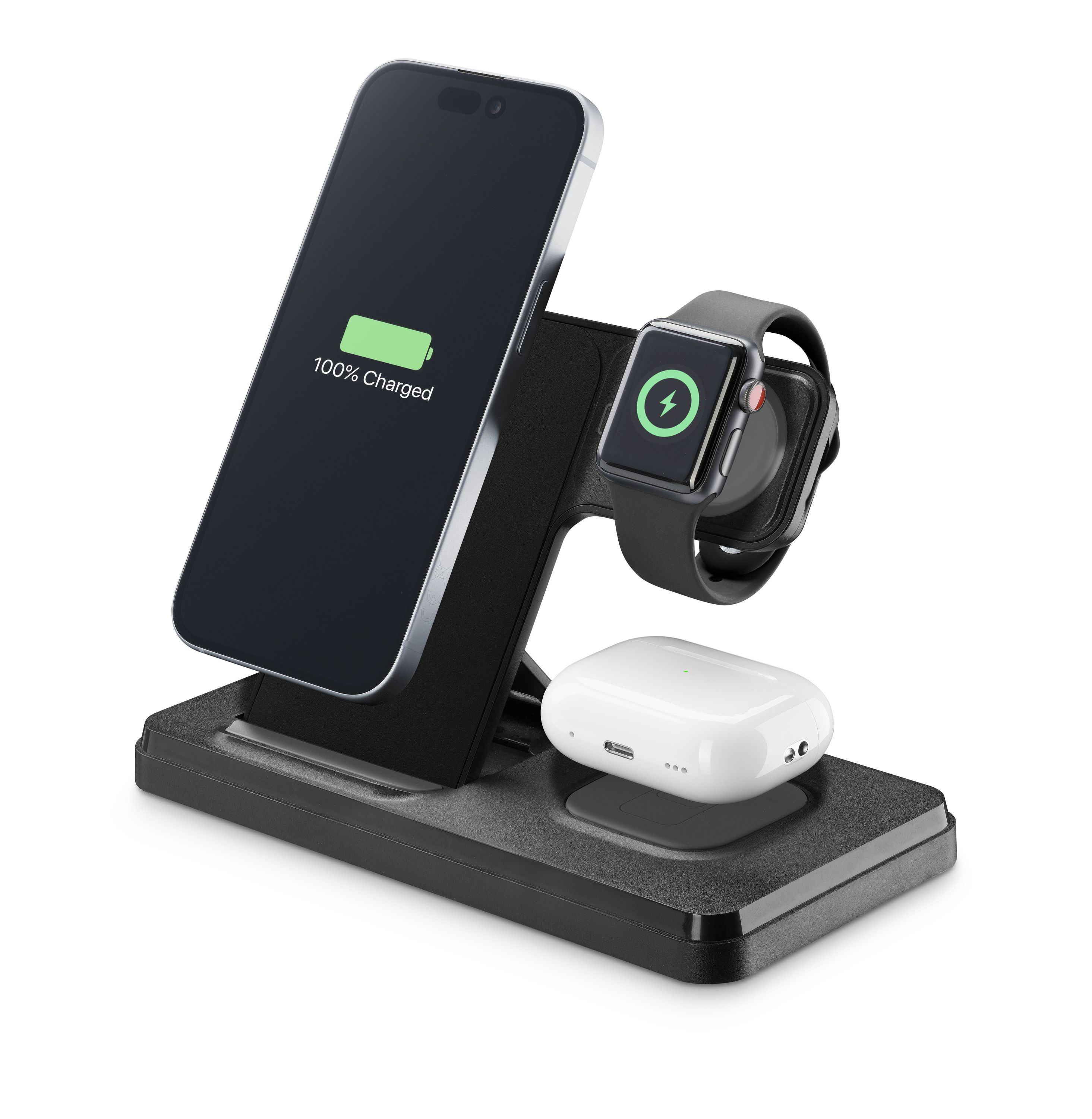 Un soporte de carga negro con teléfono, reloj y audífonos sobre fondo blanco.