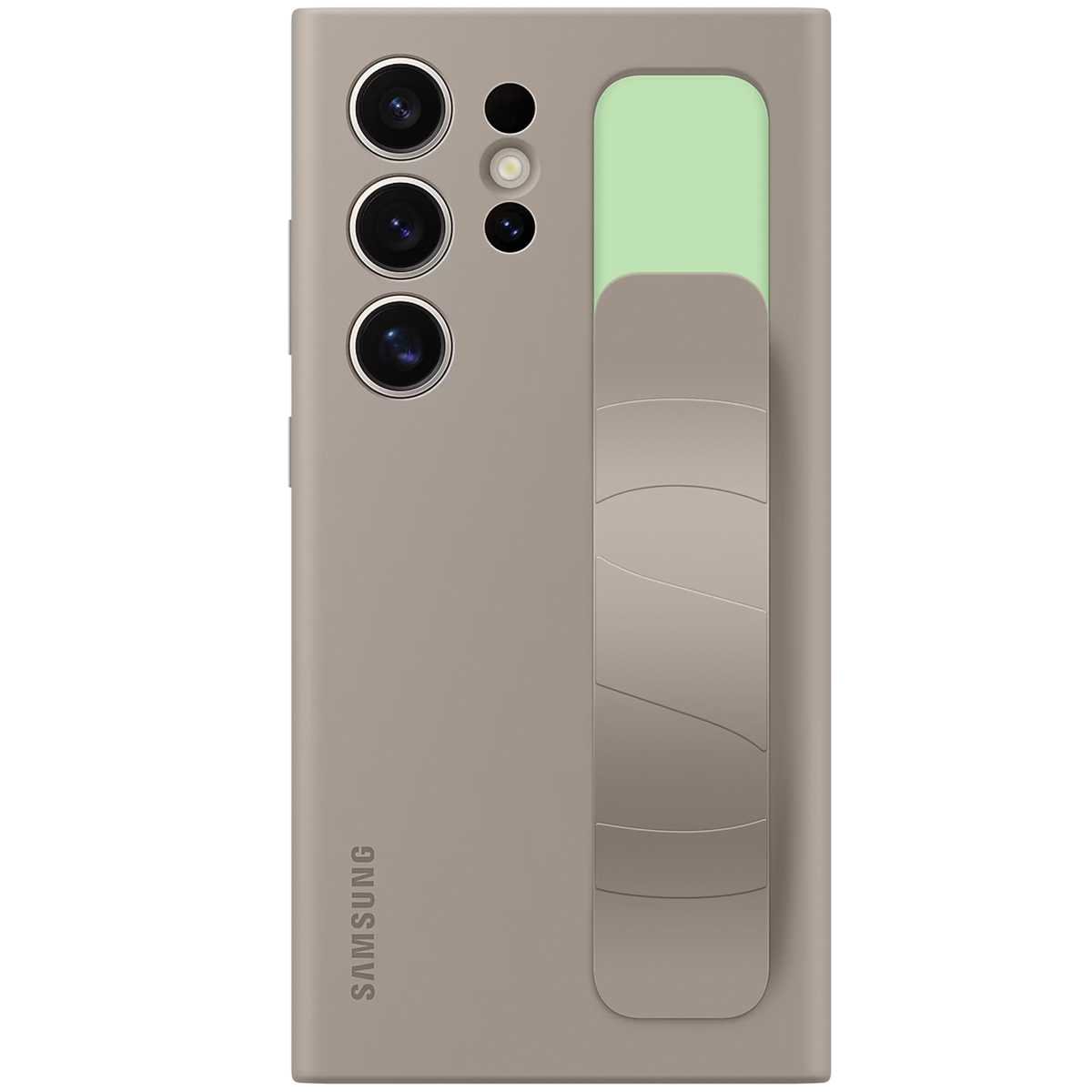 Parte trasera de un smartphone marrón claro con lentes de cámara y una banda verde.