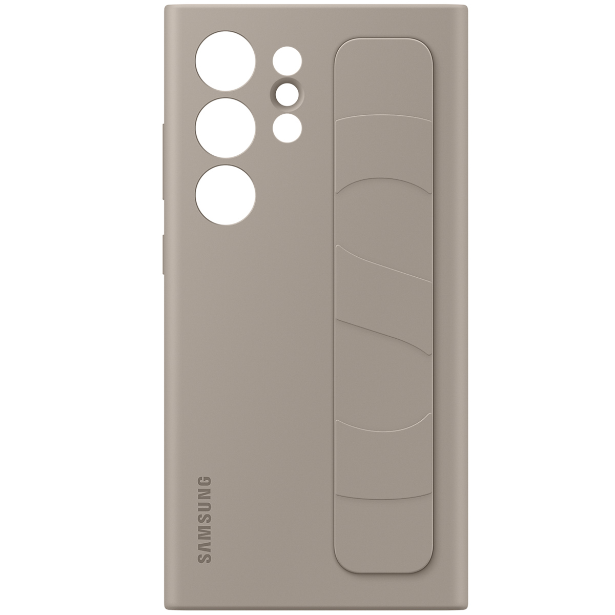 Una funda Samsung beige con recortes para cámaras y una tira de agarre.