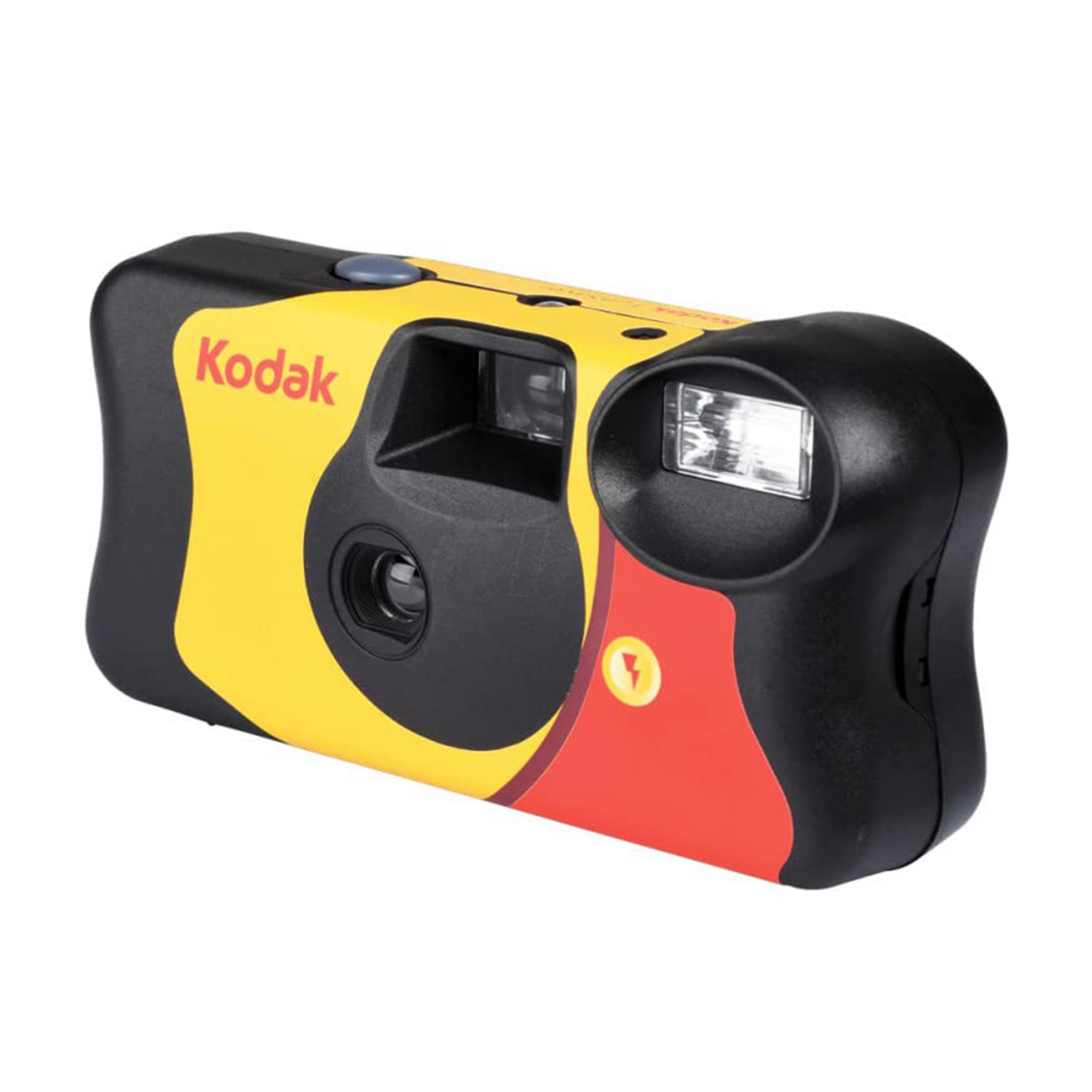 Eine gelbe und schwarze Kodak Einwegkamera mit rotem Akzent.