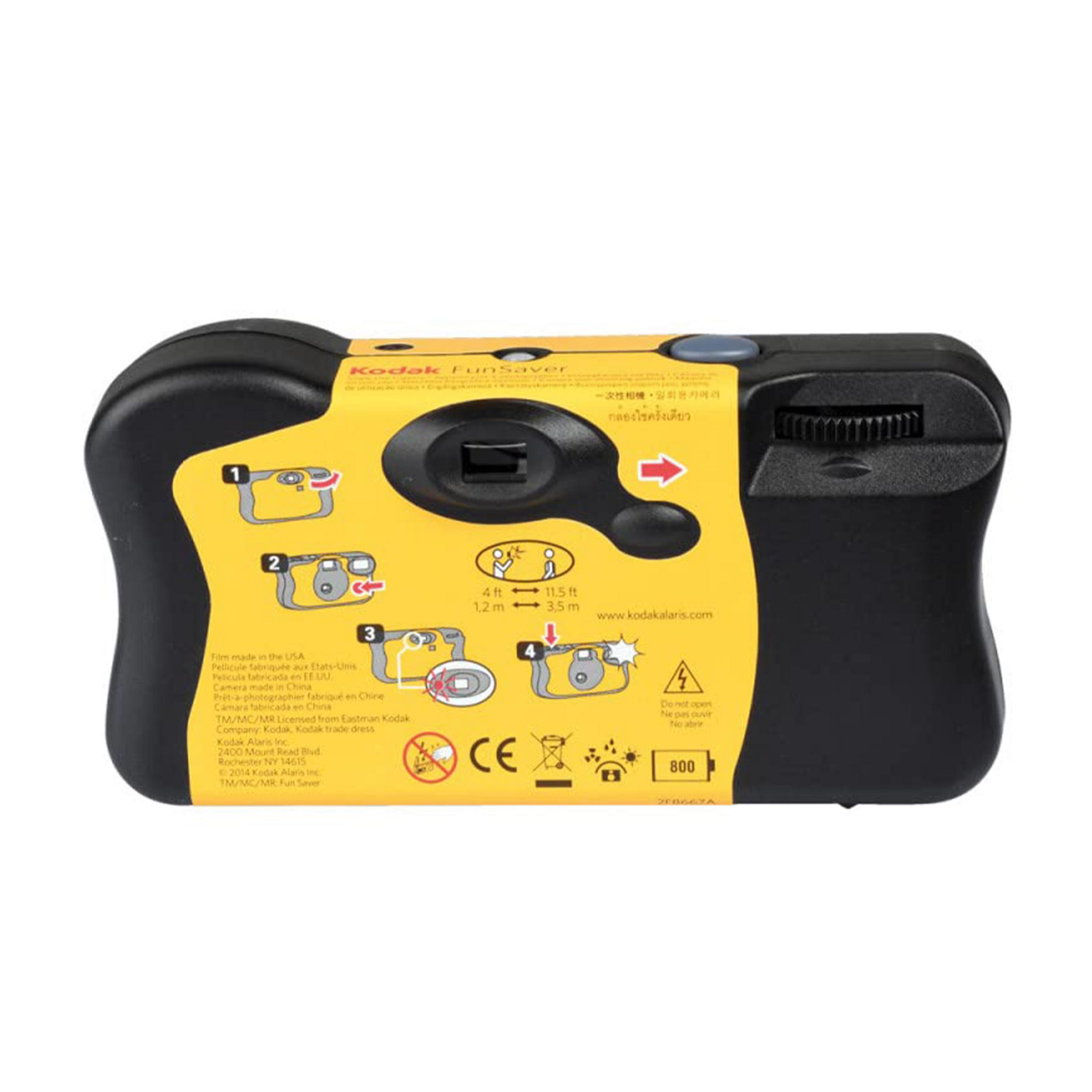 Kodak FunSaver Einwegkamera mit Anleitung, CE-Zeichen und 800-Aufnahmen-Anzeige.
