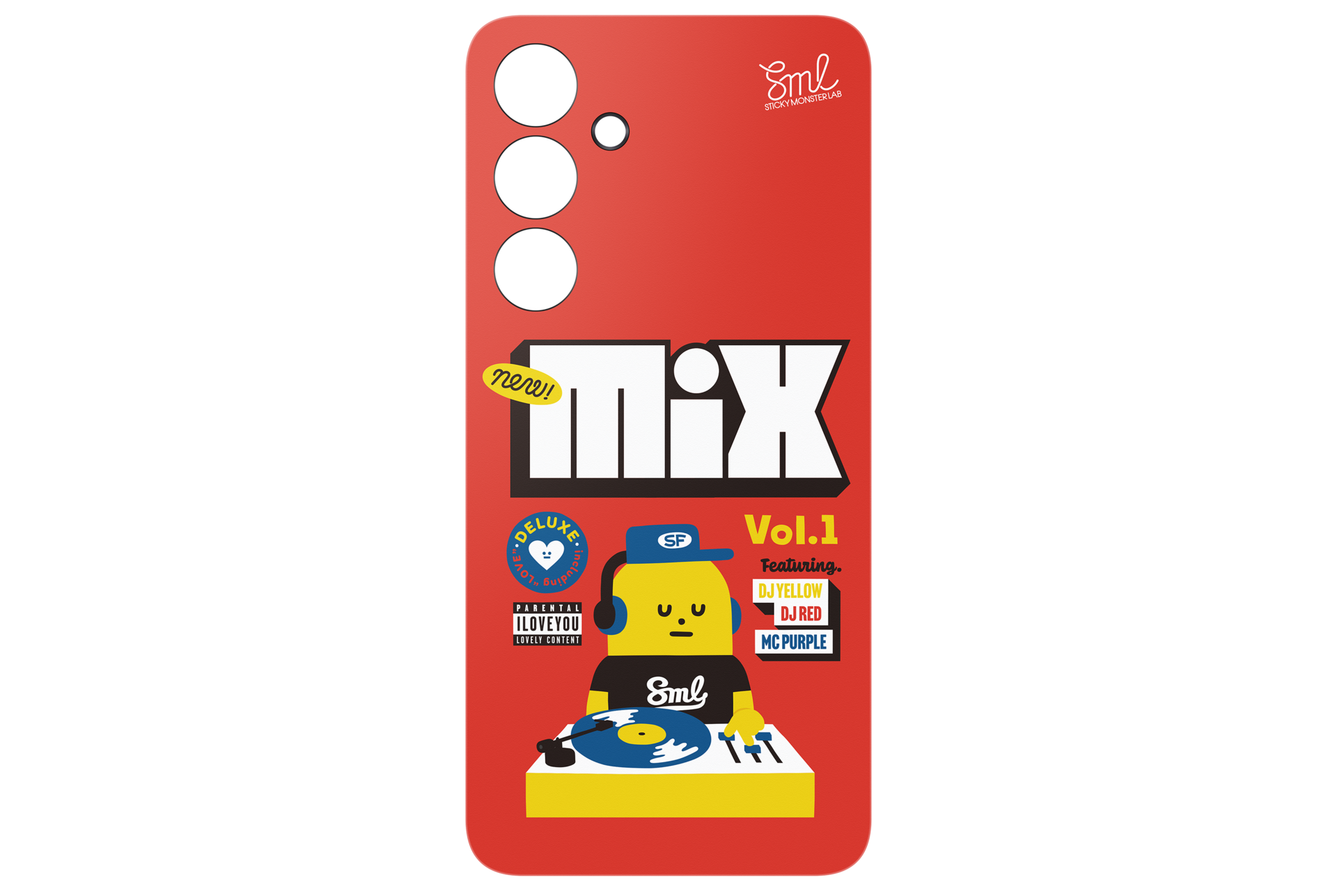 Cover rossa per telefono con personaggio giallo che mixa, intitolata "MIX Vol.1".