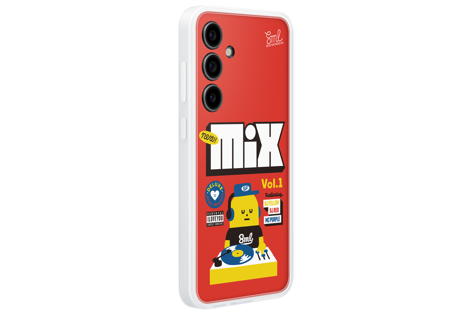 Custodia rossa per telefono con design "Mix Vol.1", mostro DJ e giradischi.