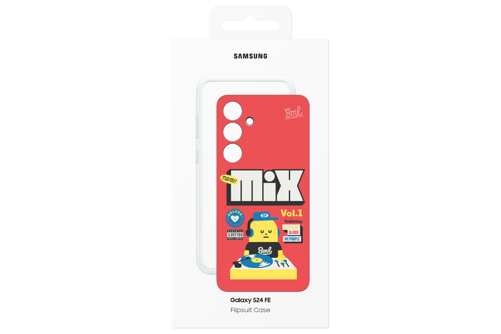 Custodia rossa Samsung Galaxy S24 FE con design "Mix Vol.1" e grafica DJ.