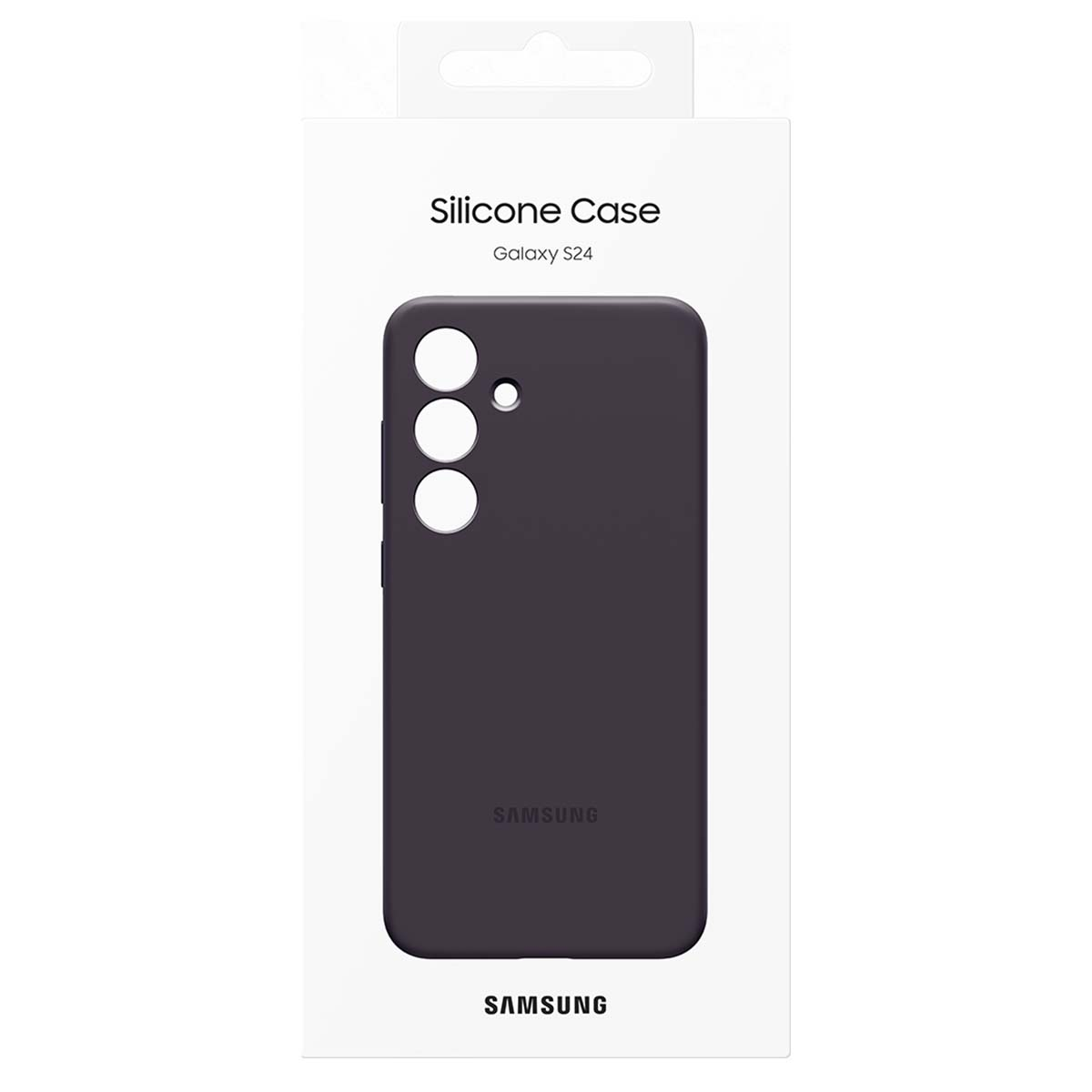Dunkelgraues Samsung Galaxy S24 Silikonhülle auf Verpackung.