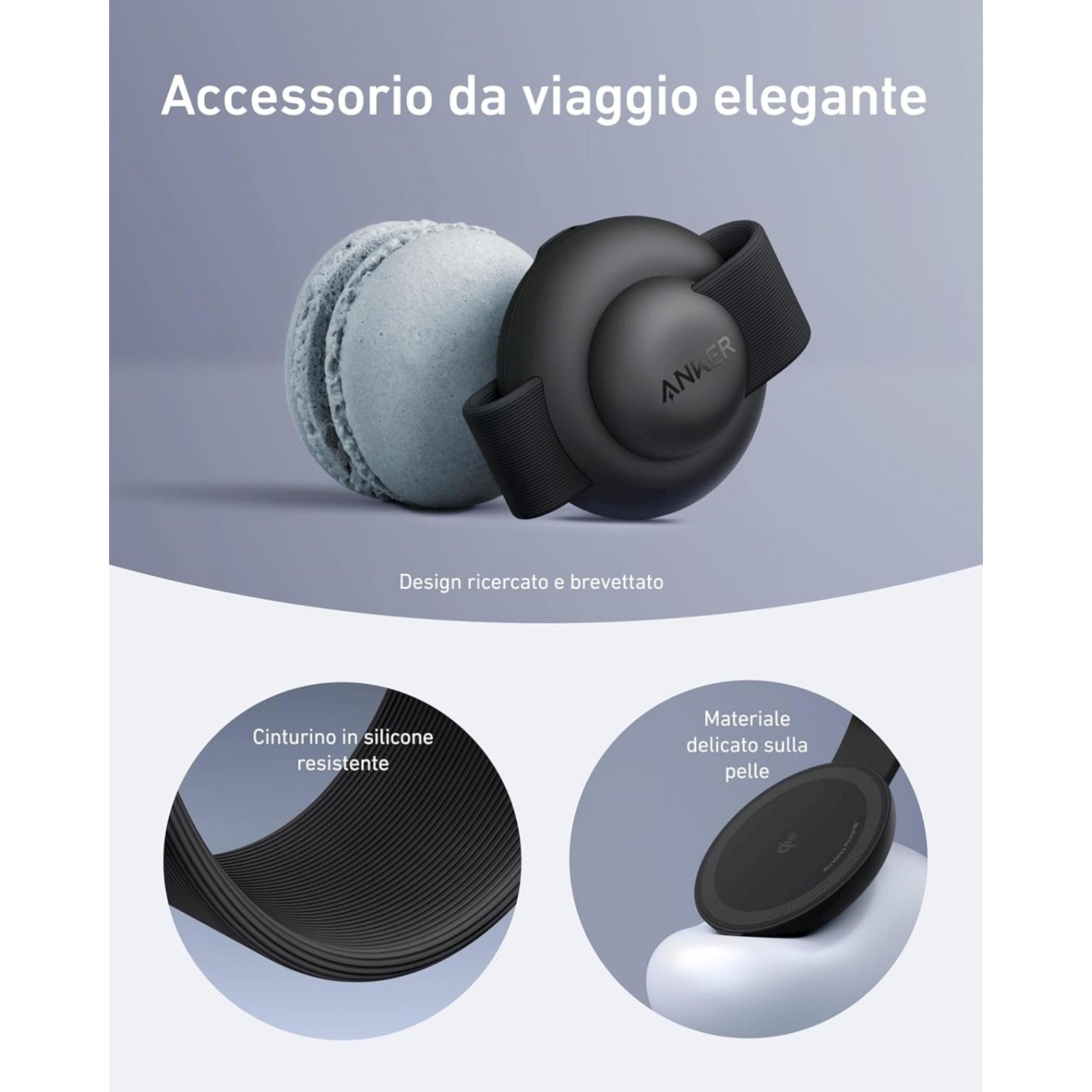 Elegantes Reiseaccessoire mit schwarzem Anker-Ladegerät neben einer grauen Makrone.
