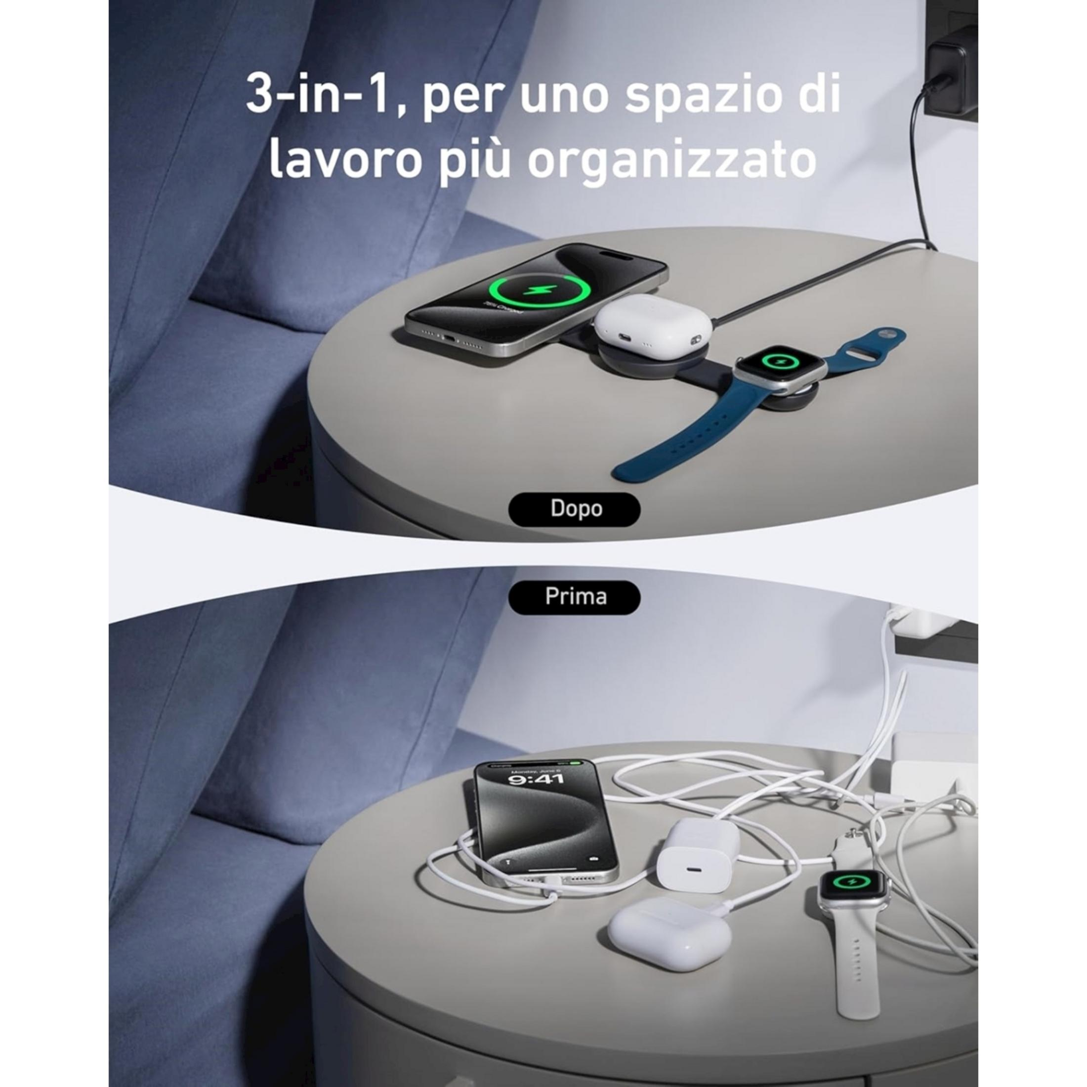 Organisierte Ladestation: iPhone, AirPods, Uhr. Unordentliche Kabel daneben.