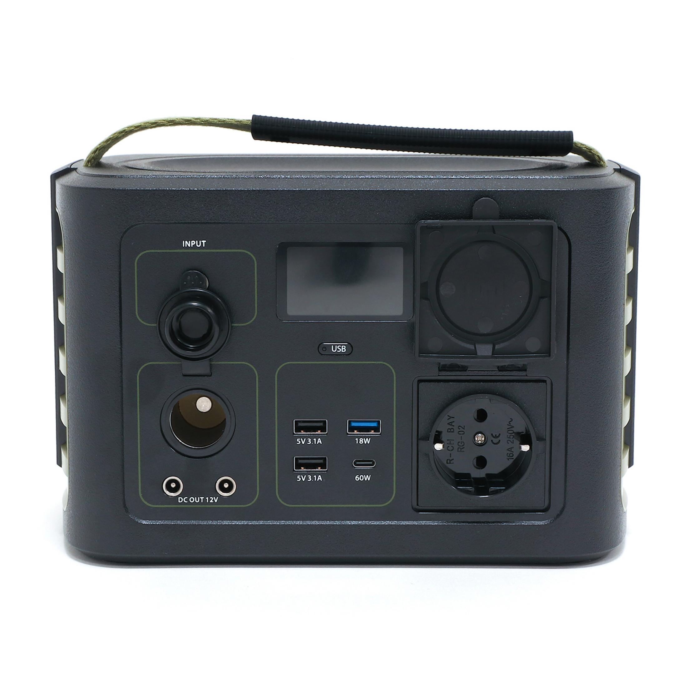 Czarna elektrownia z portami: USB, 12V DC OUT, gniazdo, wyświetlacz.