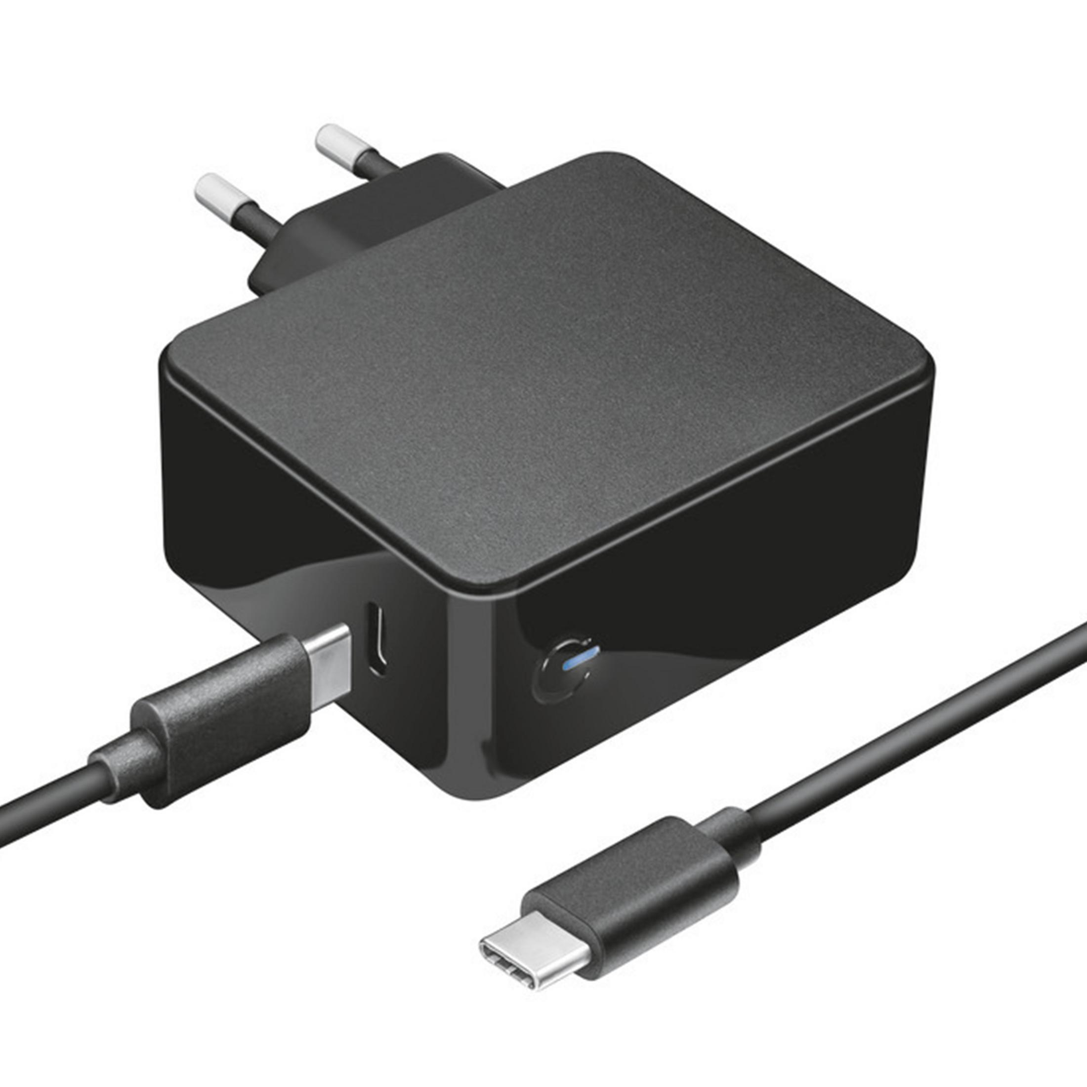 Caricabatterie nero con due pin e cavo USB-C su sfondo bianco.