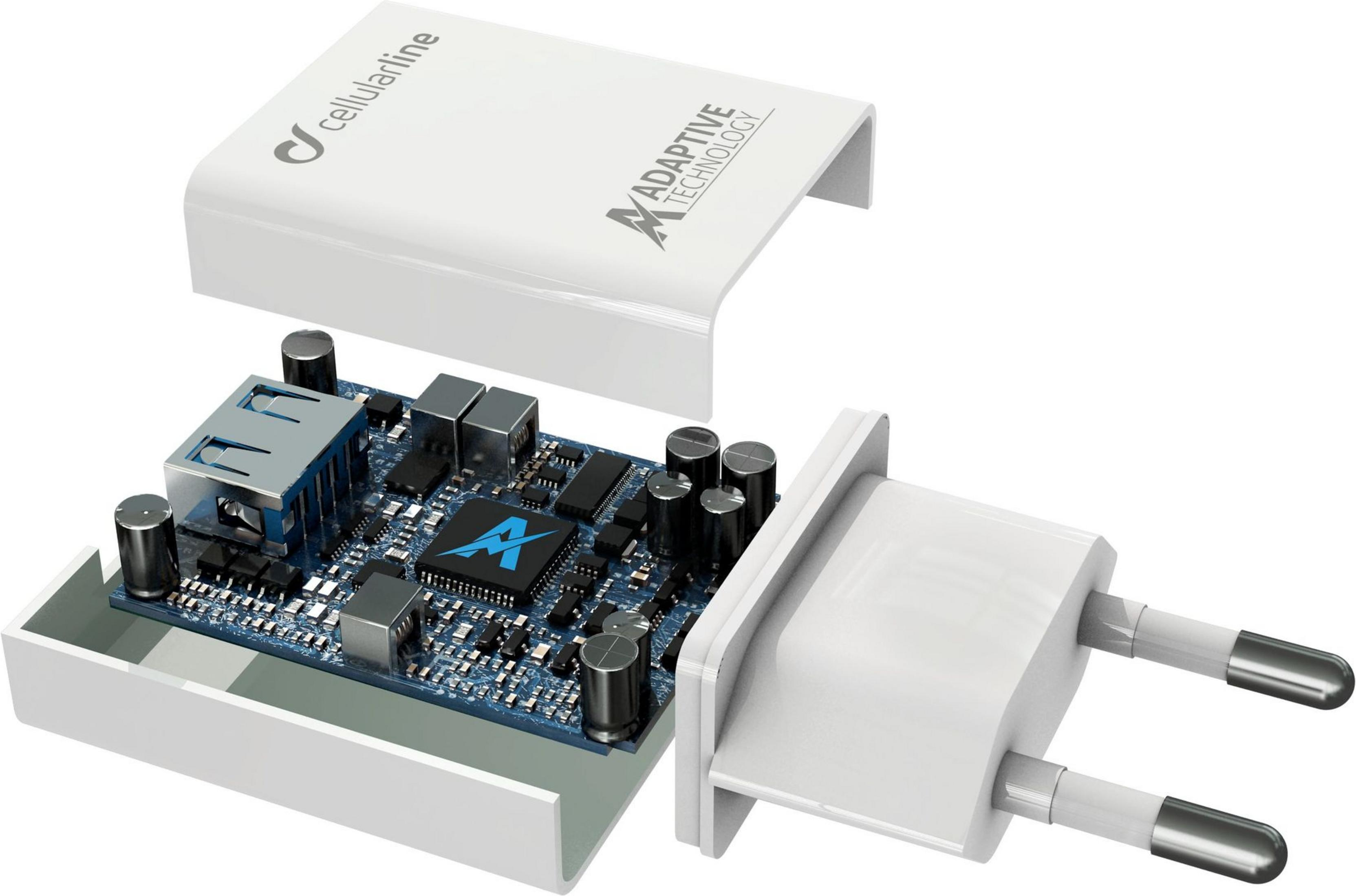 Ein weißes Ladegerät mit freiliegender Leiterplatte, USB-Anschluss und Stecker.