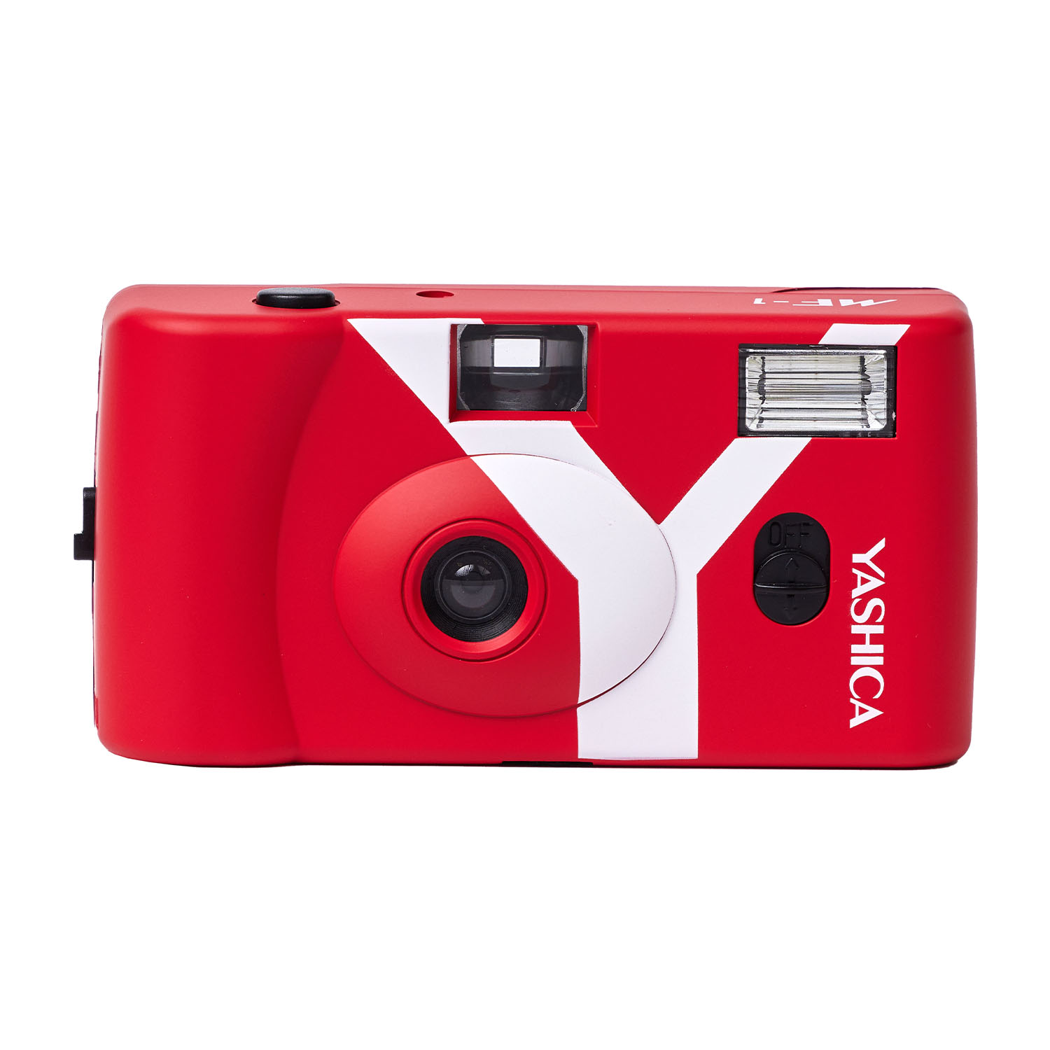 Macchina fotografica Yashica rossa con design a Y bianca, lente e flash.