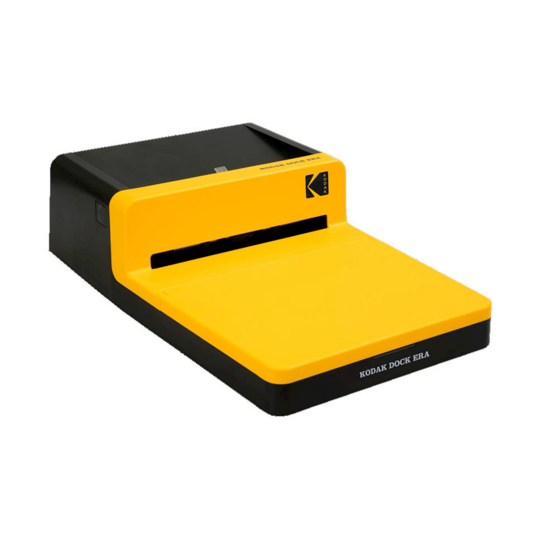 Una stampante Kodak Dock Era gialla e nera su sfondo bianco.