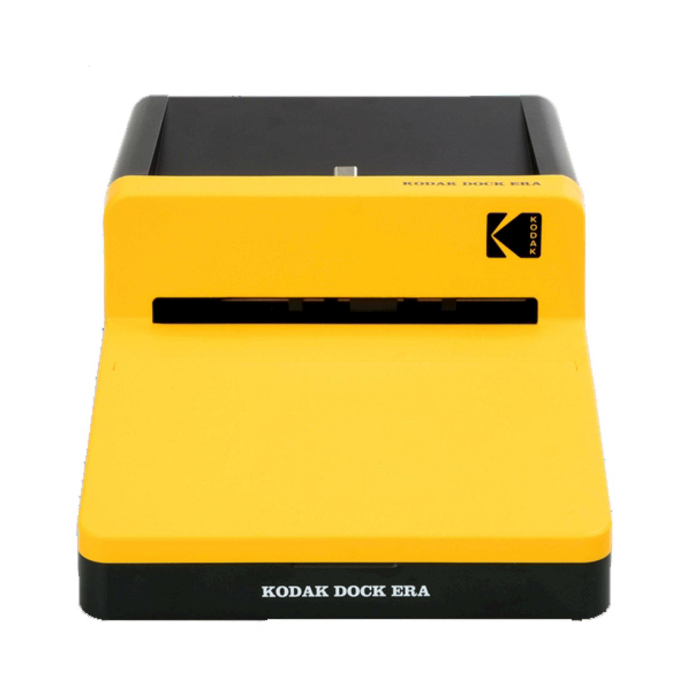Una stampante Kodak Dock Era gialla e nera su sfondo bianco.
