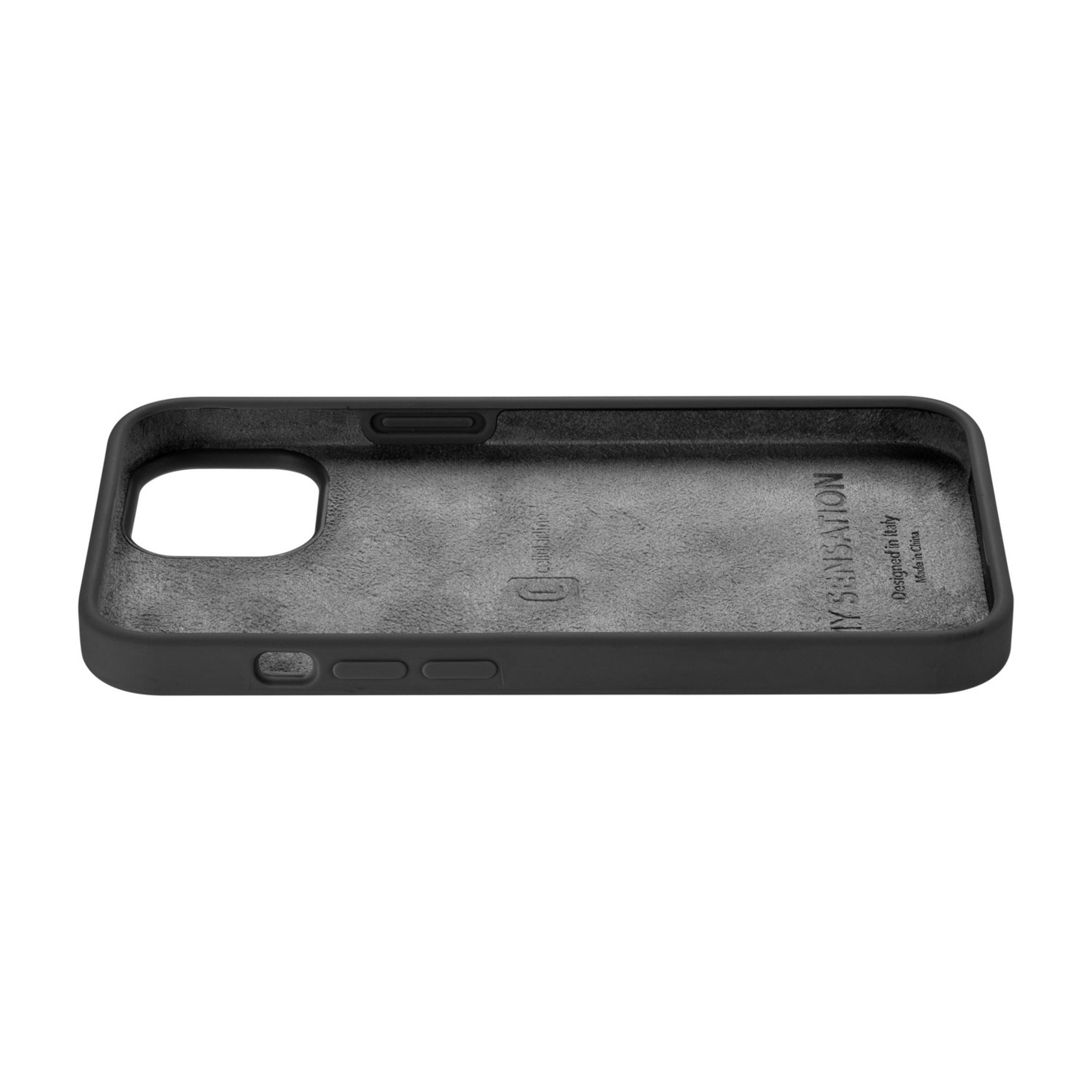 Custodia nera per telefono con interno in camoscio grigio e dettagli testuali.