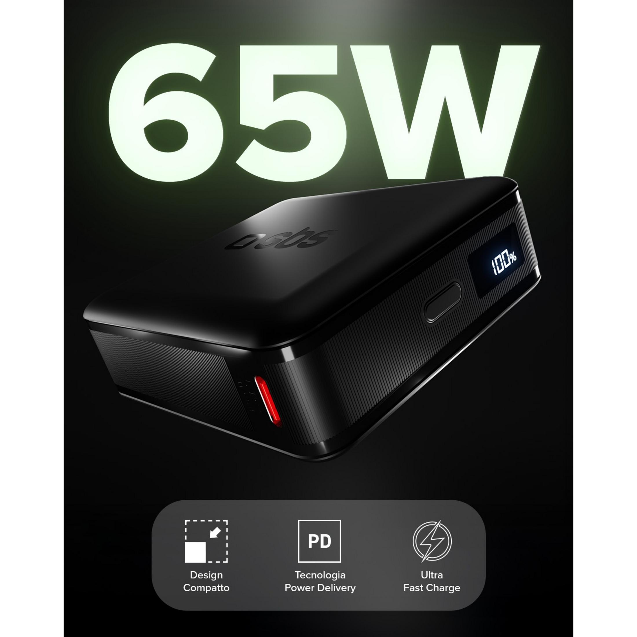 Caricatore nero da 65W con display 100% e icone per design, PD e ricarica rapida.