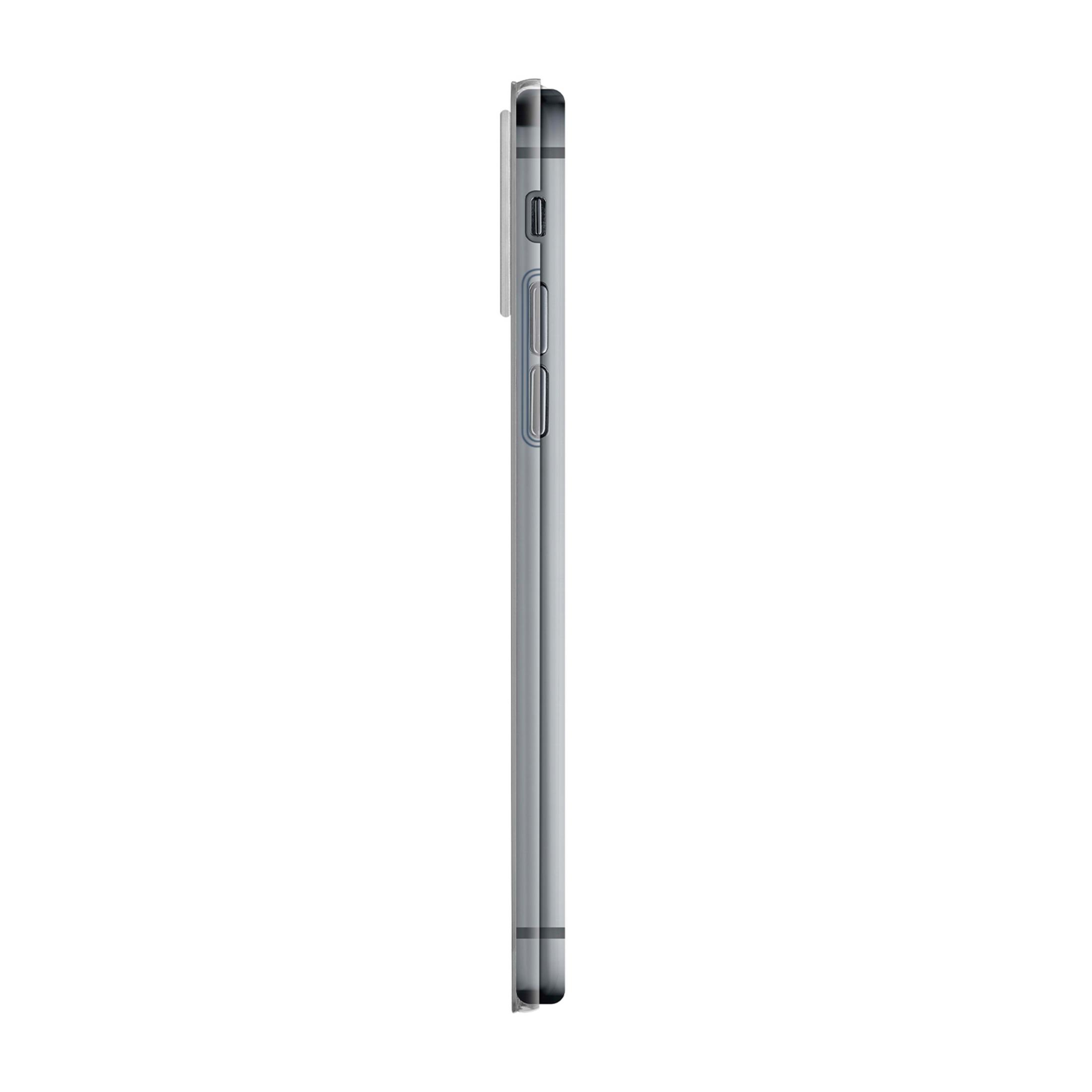 Smartphone grigio di profilo con pulsanti sul lato.