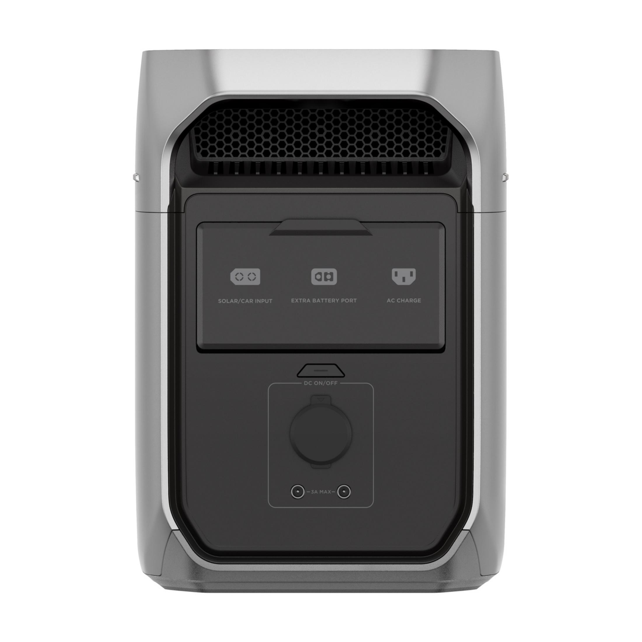 Centrale électrique grise avec ports: Solaire/Voiture, Batterie Supplémentaire, Charge CA.