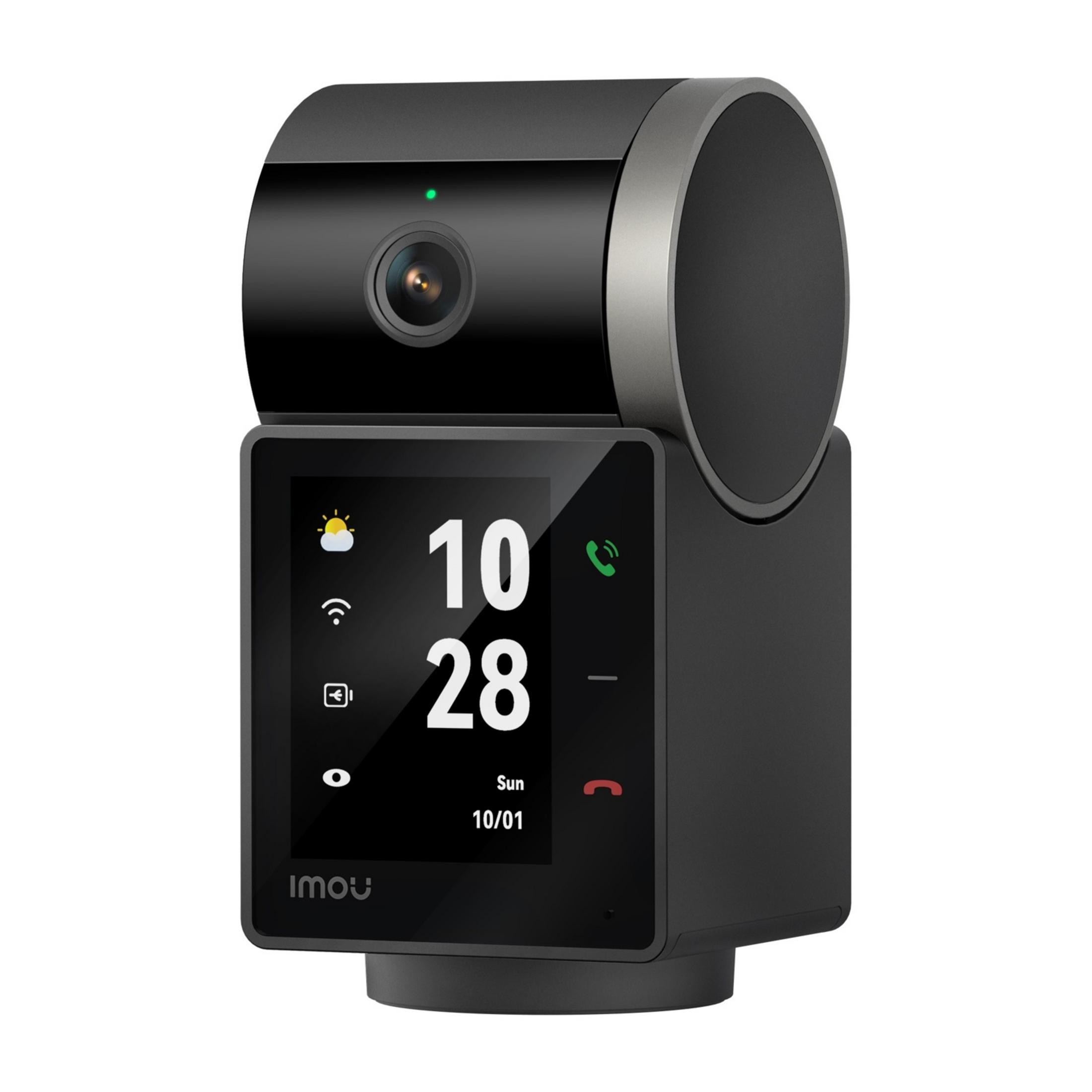 Cubo fotocamera smart nero con touchscreen che mostra ora e icone meteo.