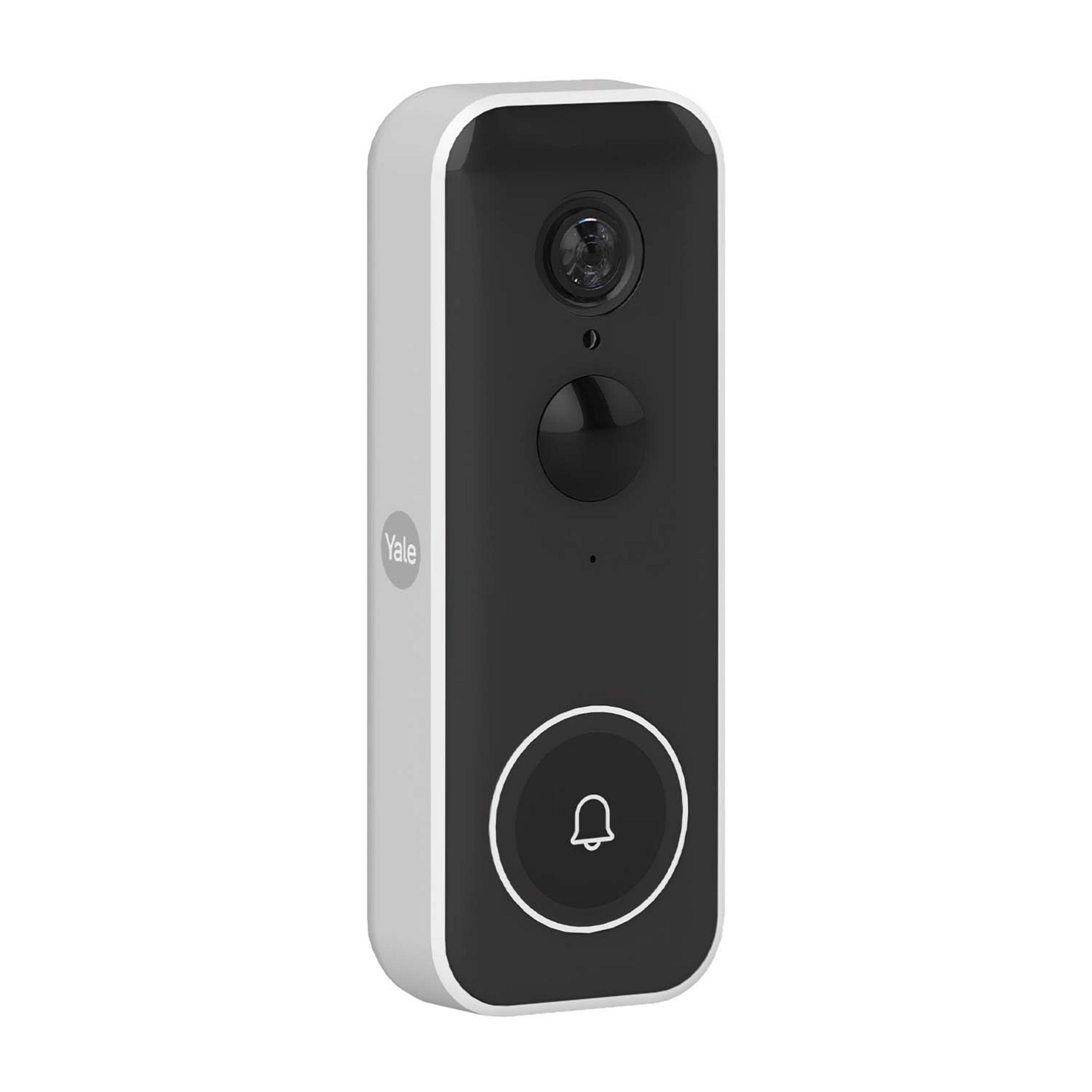 Un timbre de puerta de cámara Yale blanco y negro con icono de campana.