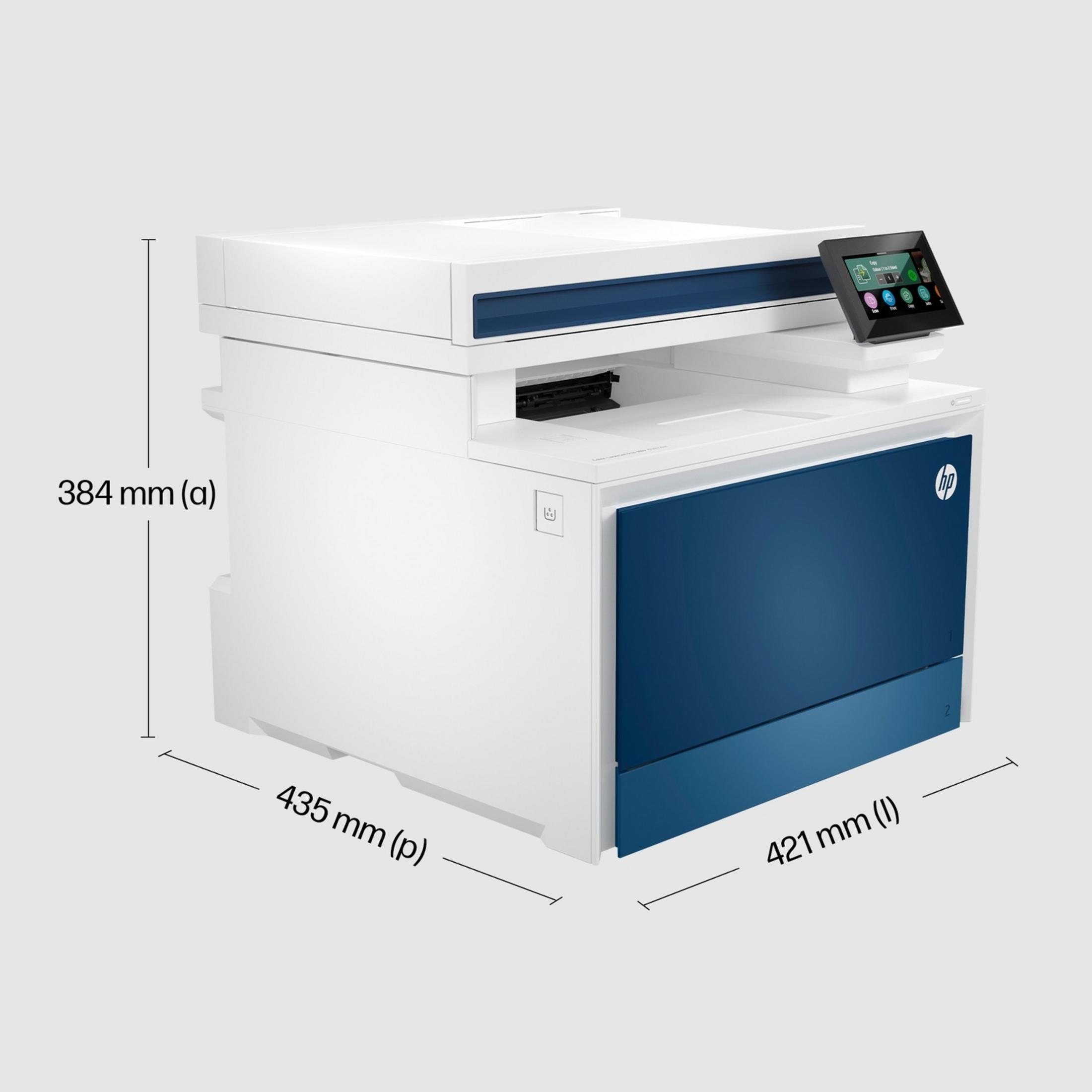 Una stampante HP bianca e blu con display touchscreen e dimensioni.