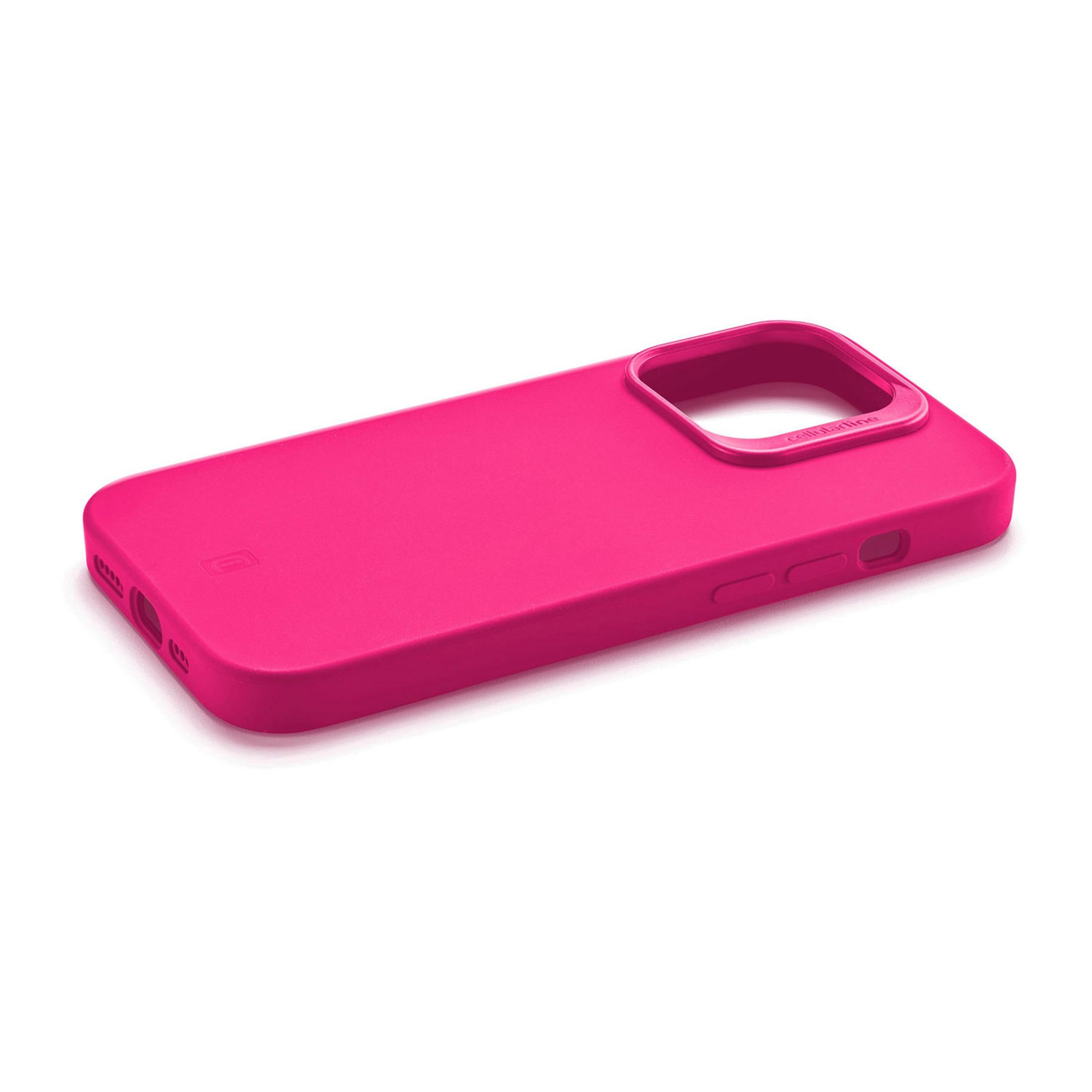 Ein leuchtend pinkes Handycover auf weißem Hintergrund.
