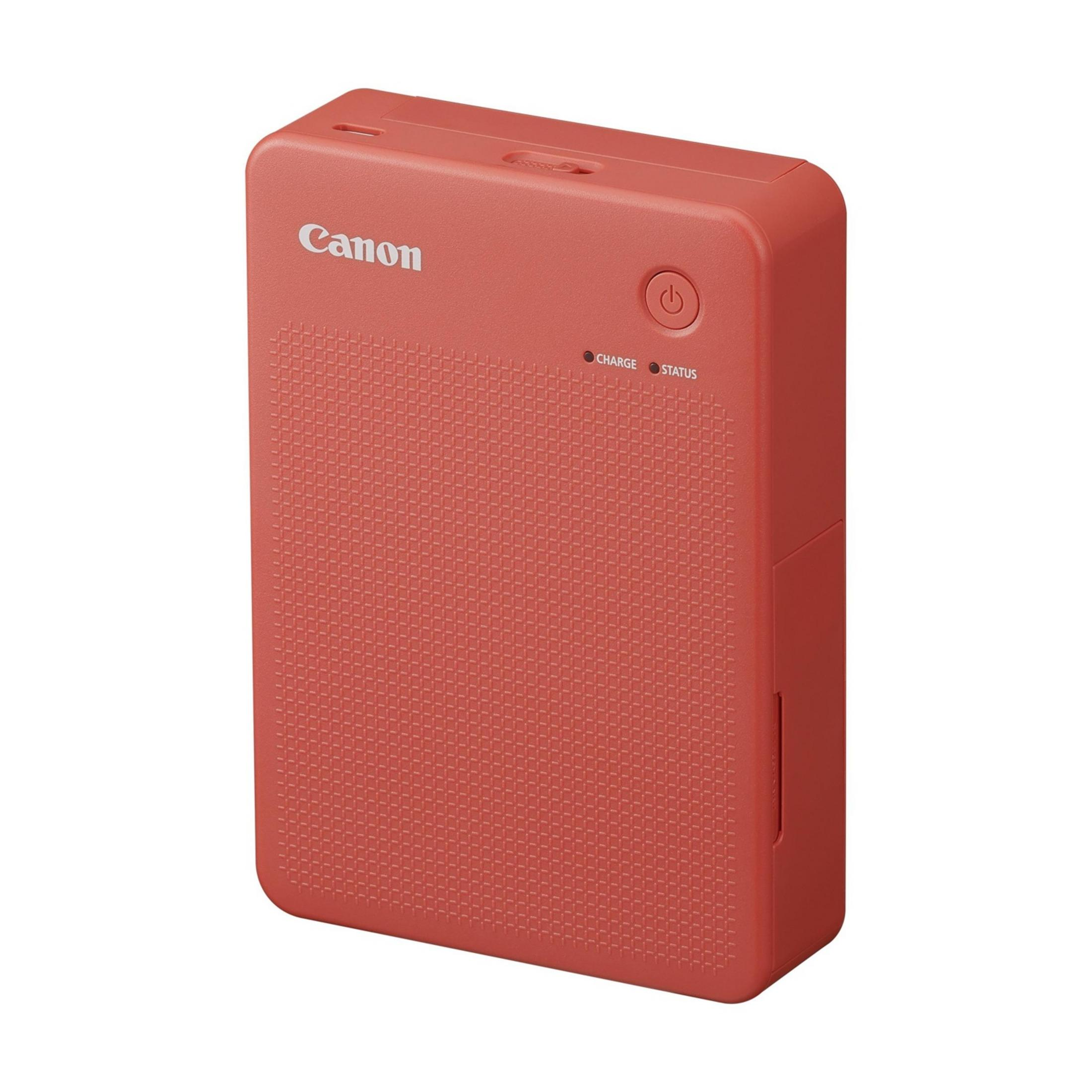 Czerwone pudełko drukarki Canon ze wskaźnikami zasilania i stanu.