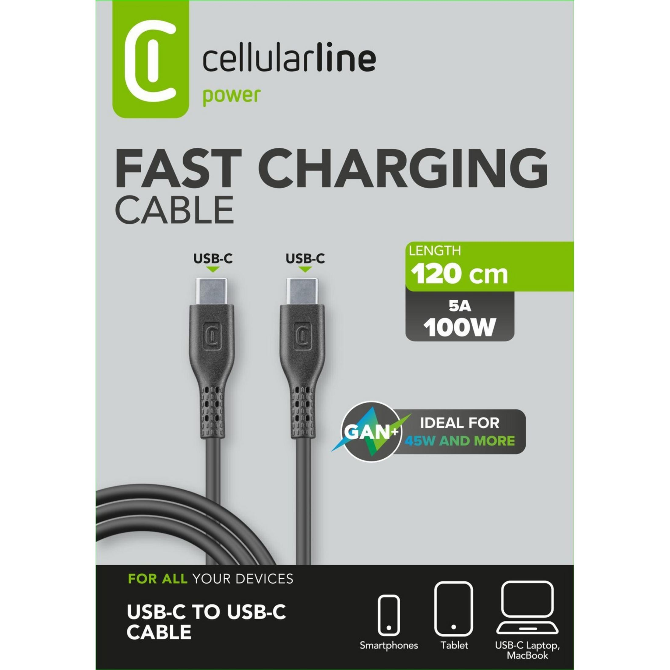 Cellularline USB-C Schnellladekabel, 120cm, 5A, 100W, ideal für Geräte.