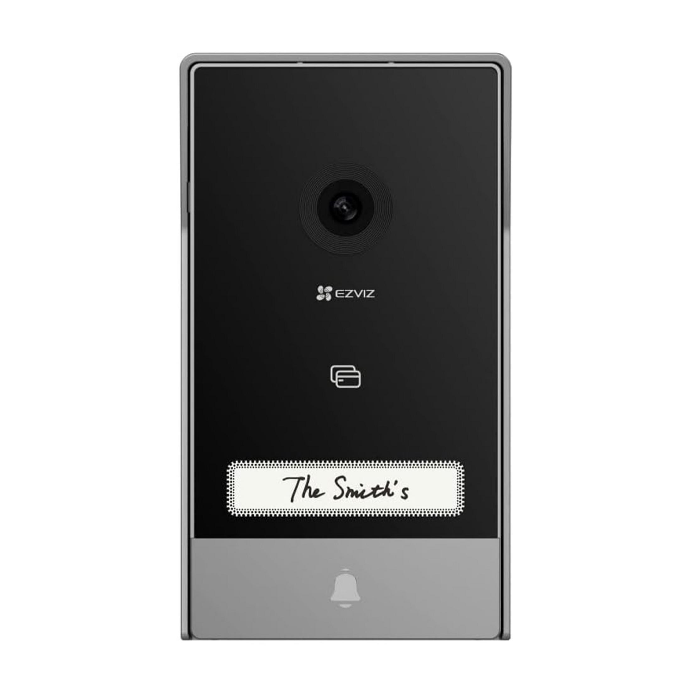 Smart doorbell with camera, nameplate and bell icon.