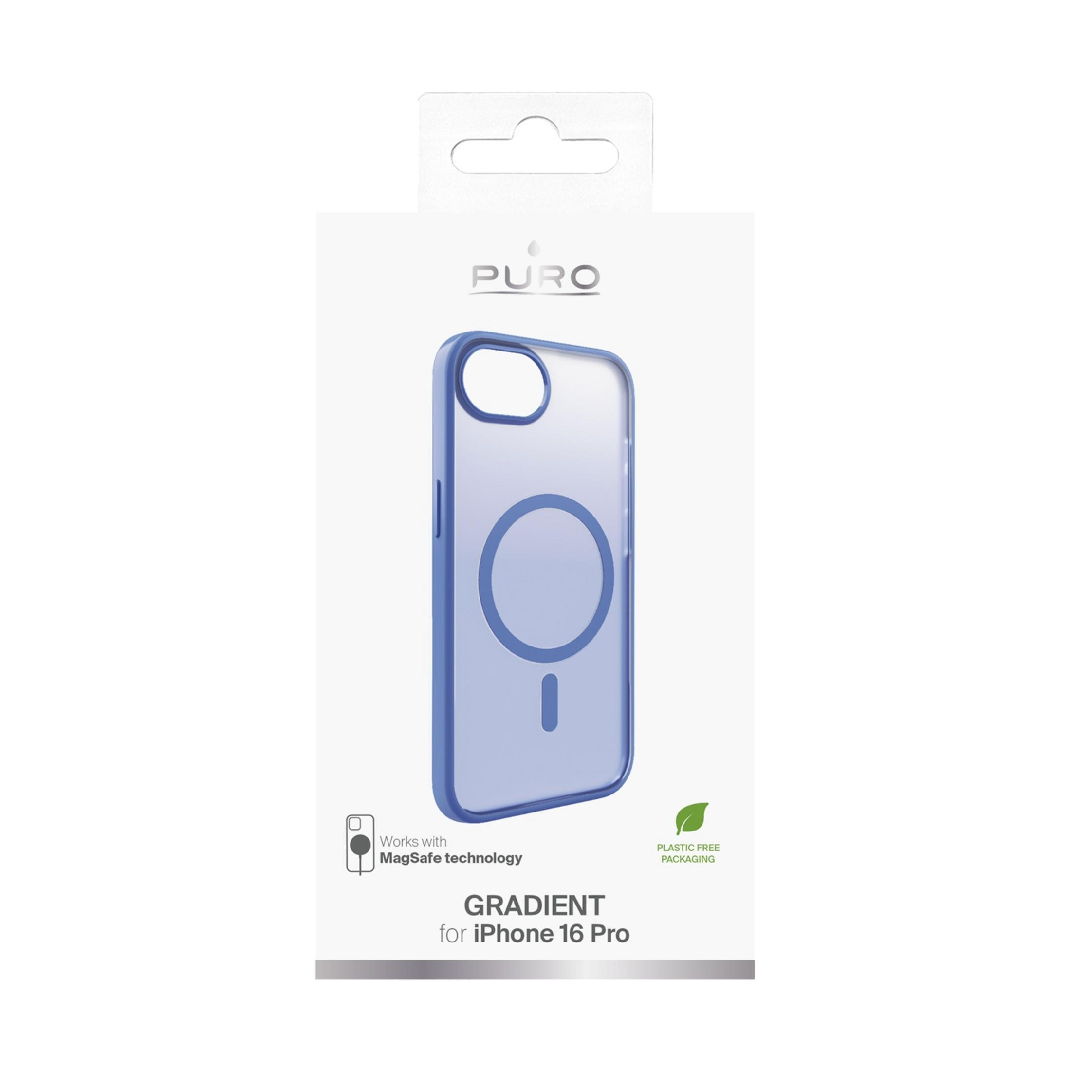 Custodia blu MagSafe per iPhone 16 Pro, confezione senza plastica.