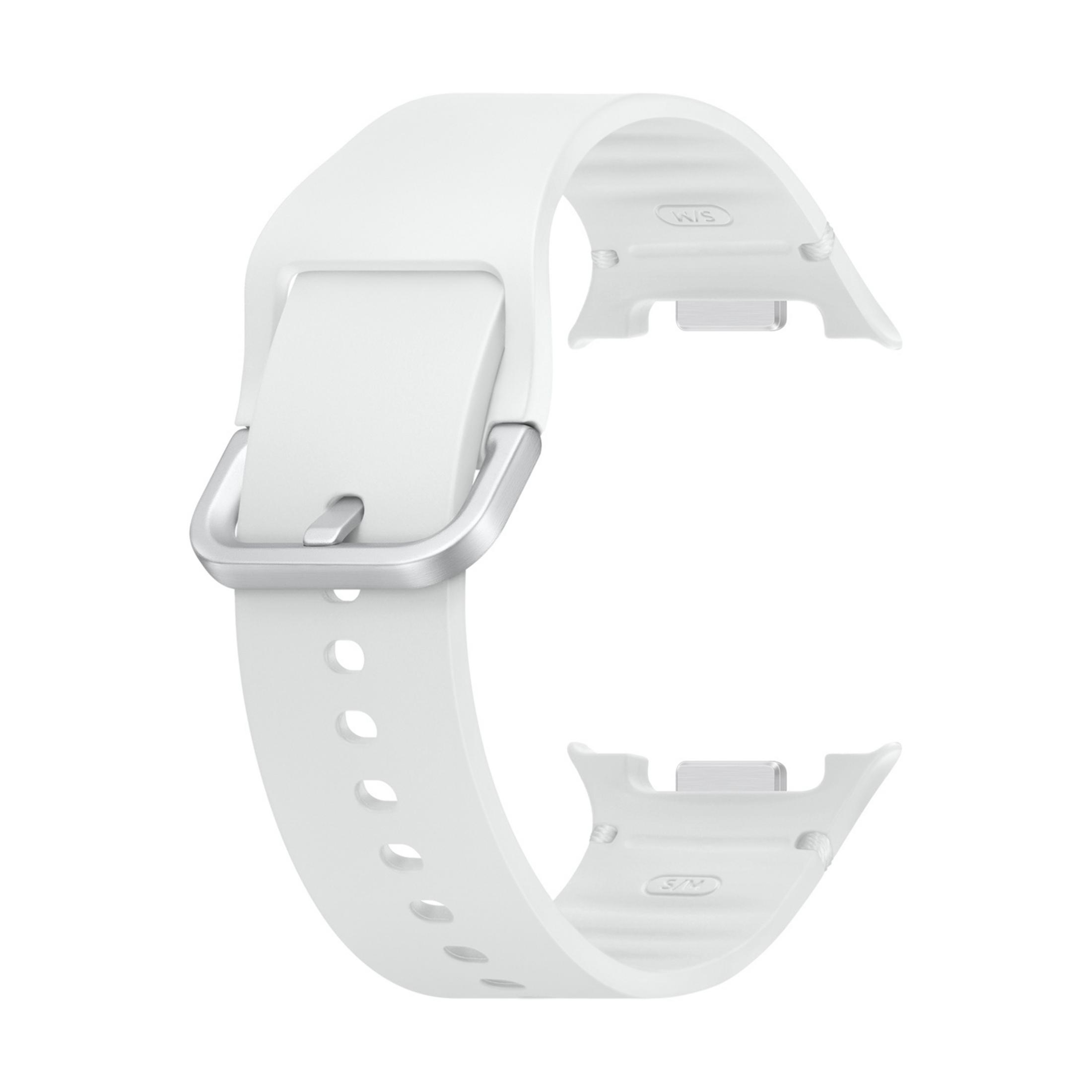Un cinturino bianco per orologio con fibbia argentata, fori e marchio S/M.