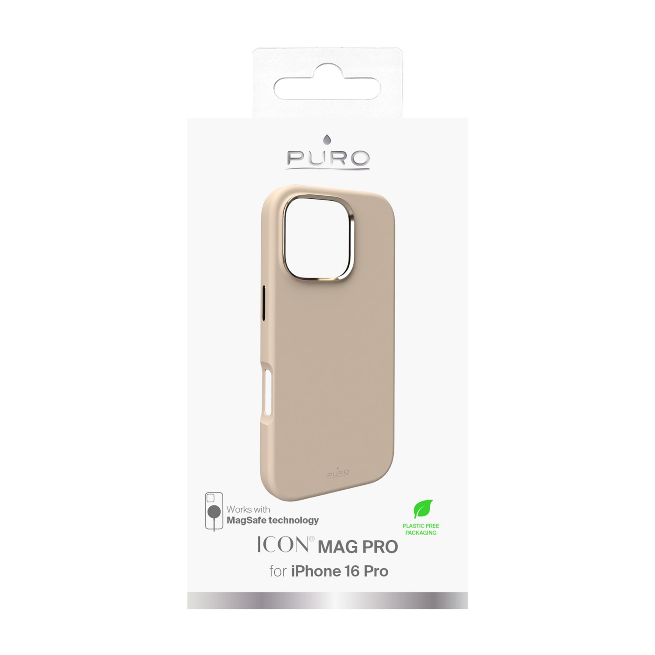 Custodia beige per iPhone 16 Pro con tecnologia MagSafe e logo Puro.