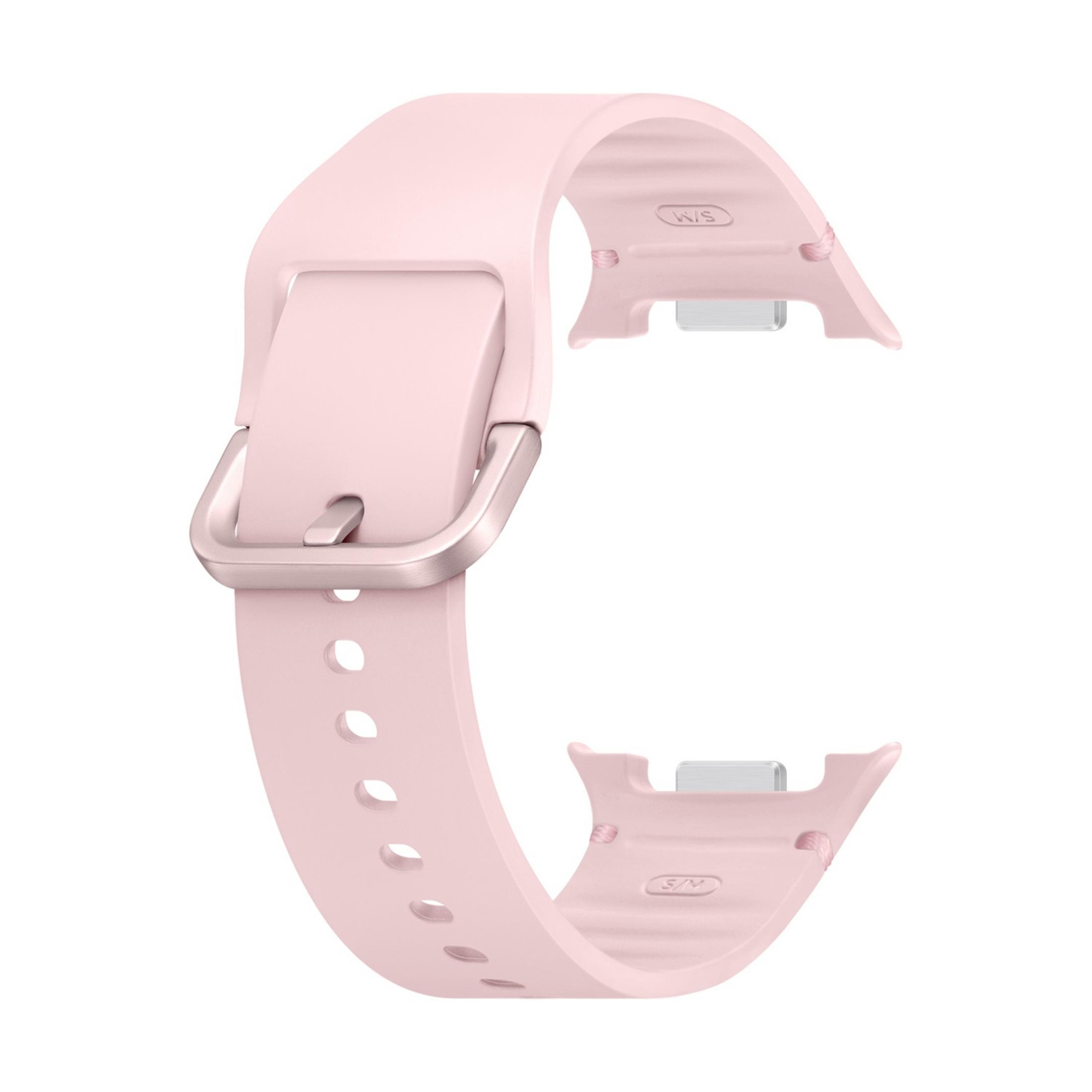 Una correa de reloj rosa con hebilla, sobre fondo blanco.