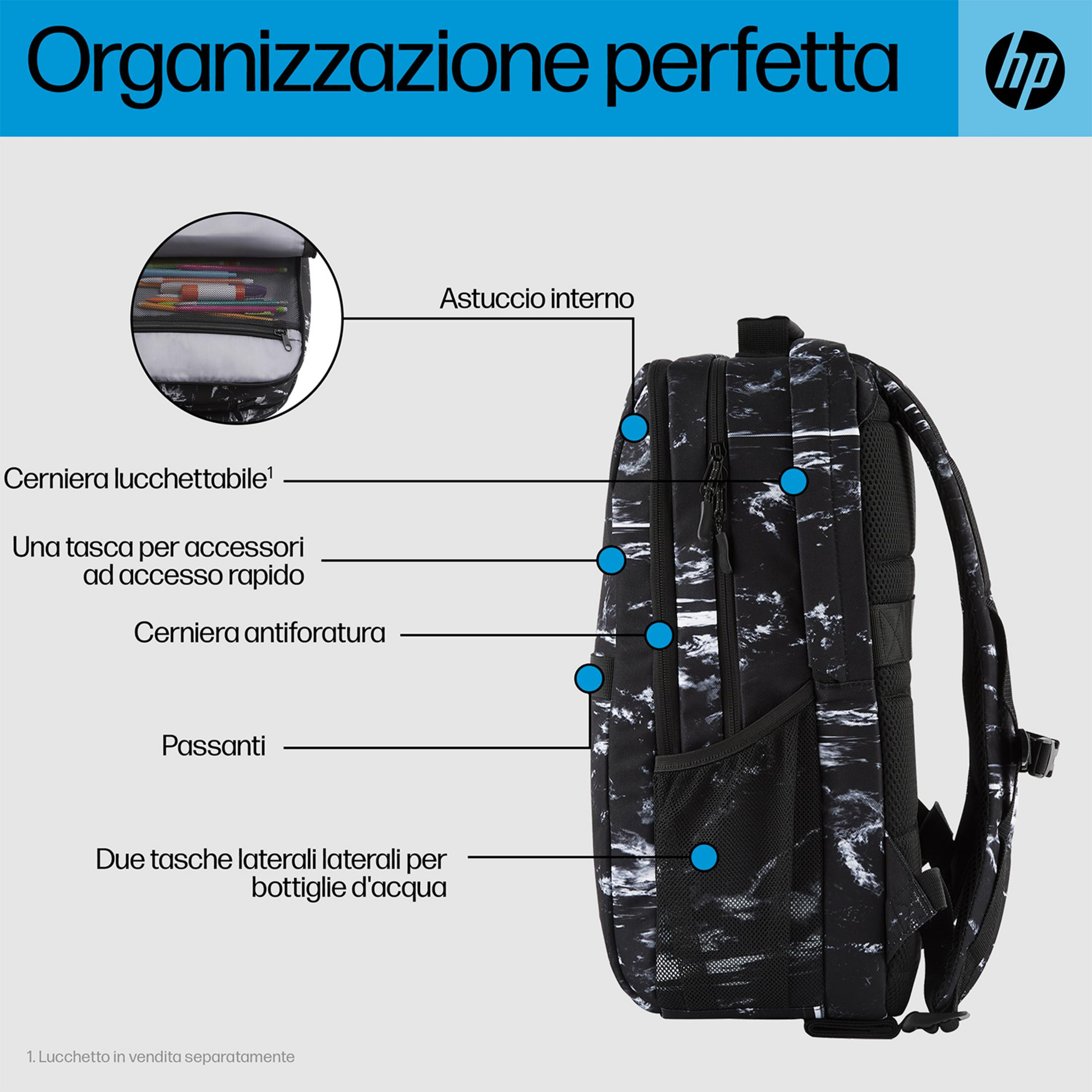Uno zaino nero con motivo a marmo bianco, con astuccio interno.