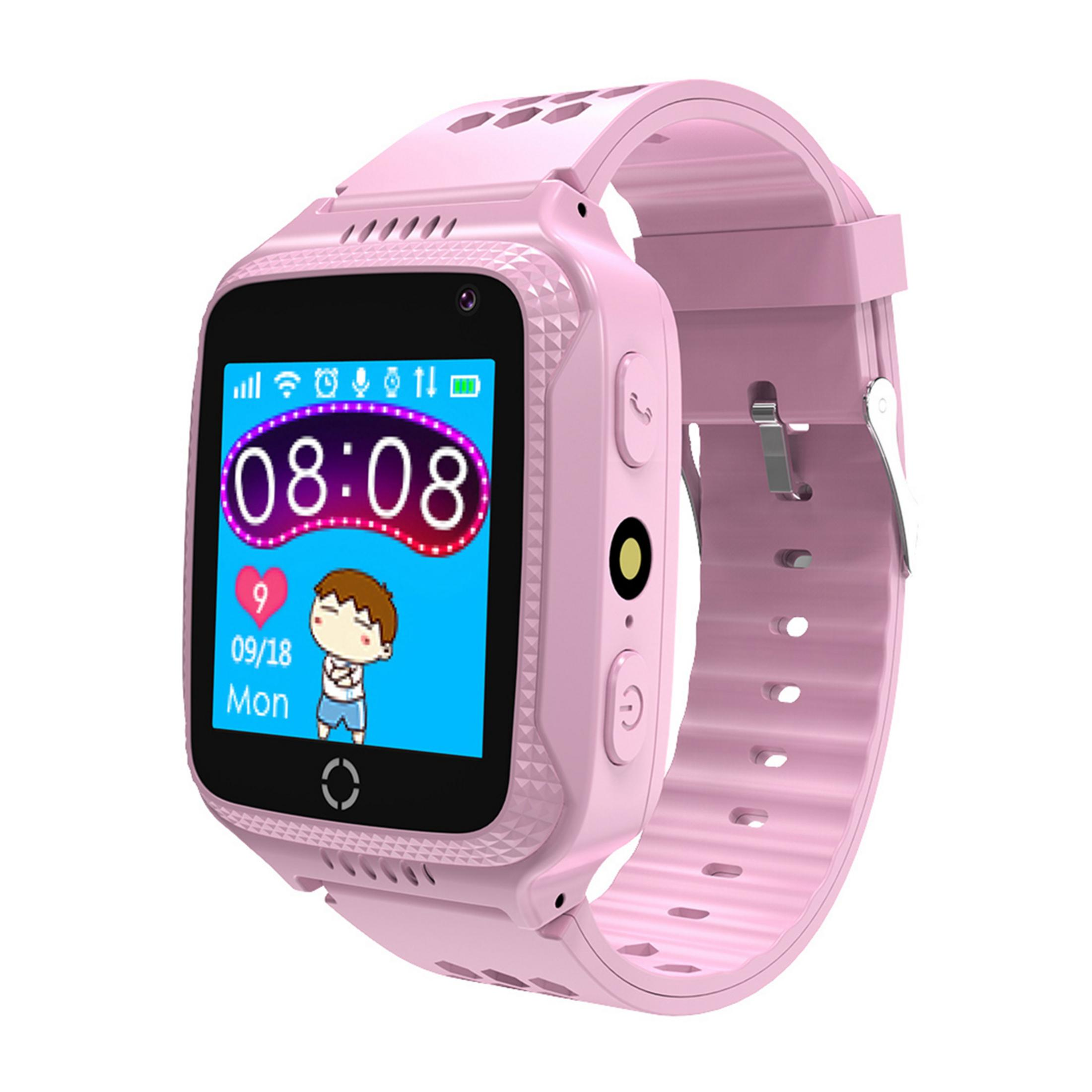 Uno smartwatch rosa per bambini che mostra ora, data e un personaggio dei cartoni.