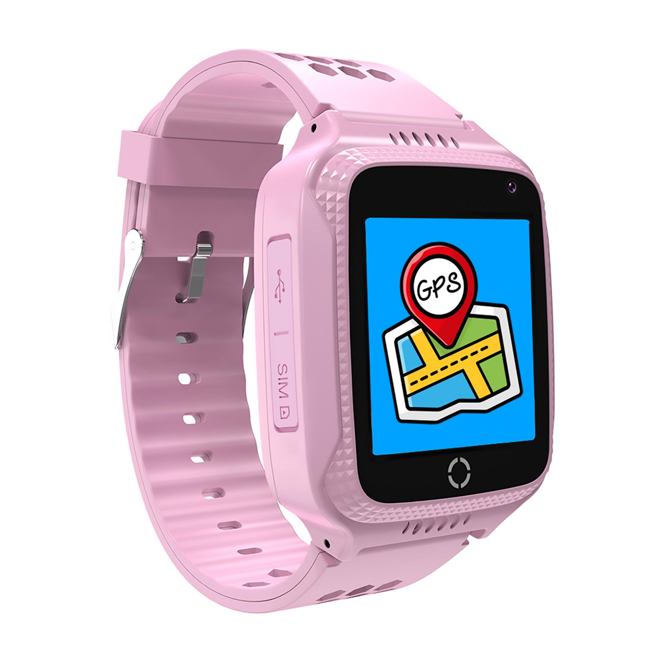 Uno smartwatch rosa che mostra un'icona di mappa GPS.