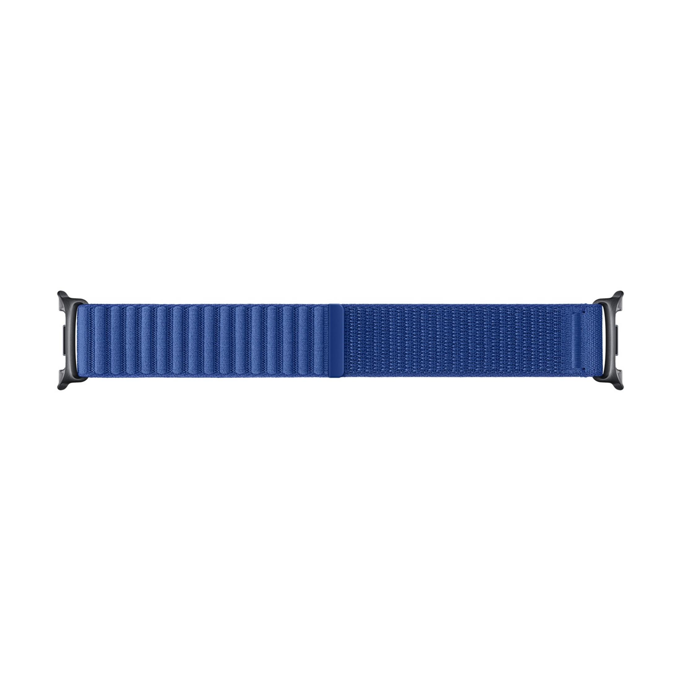 Blue fabric watch band with pleats and a closure.