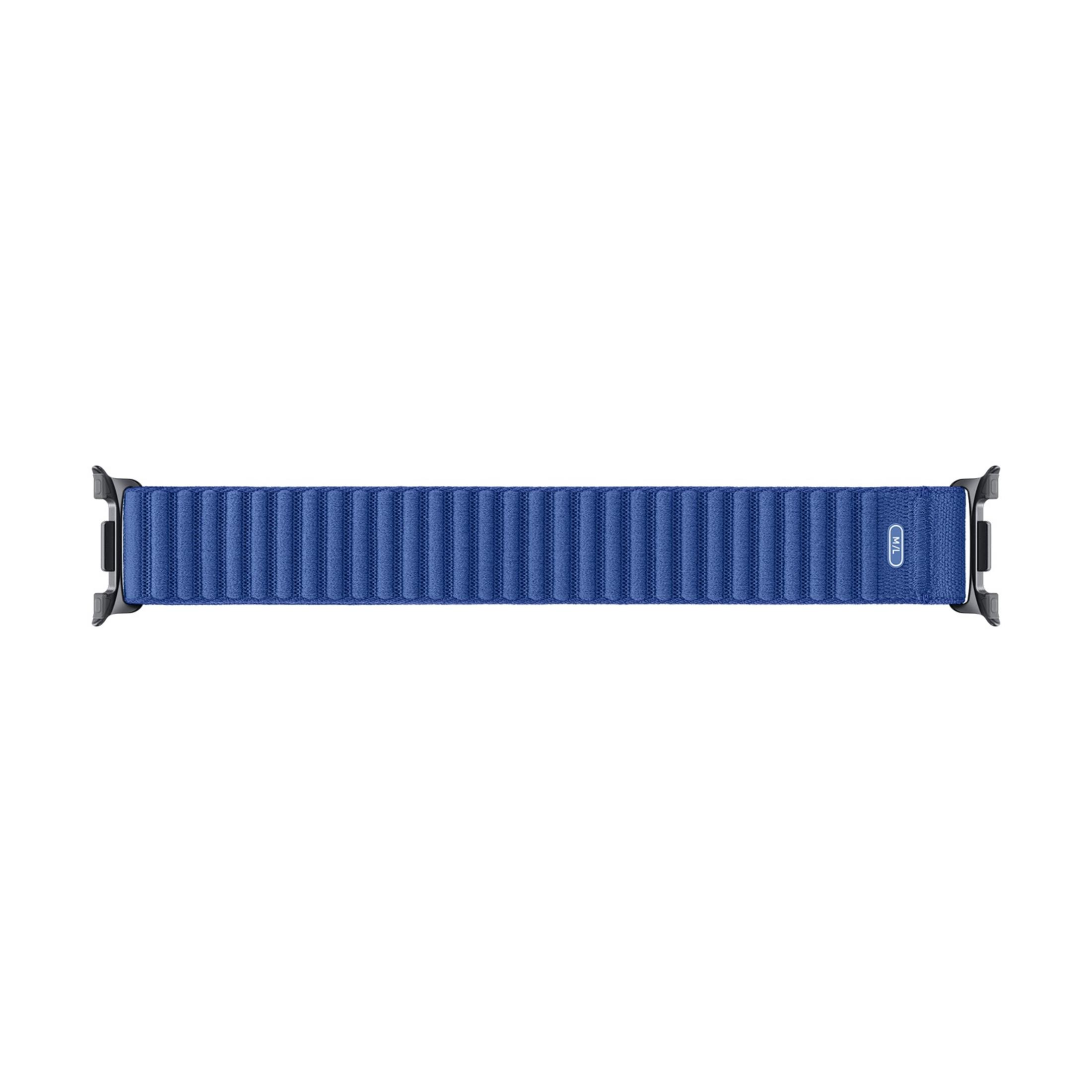 A blue watch band with vertical ridges and silver connectors.