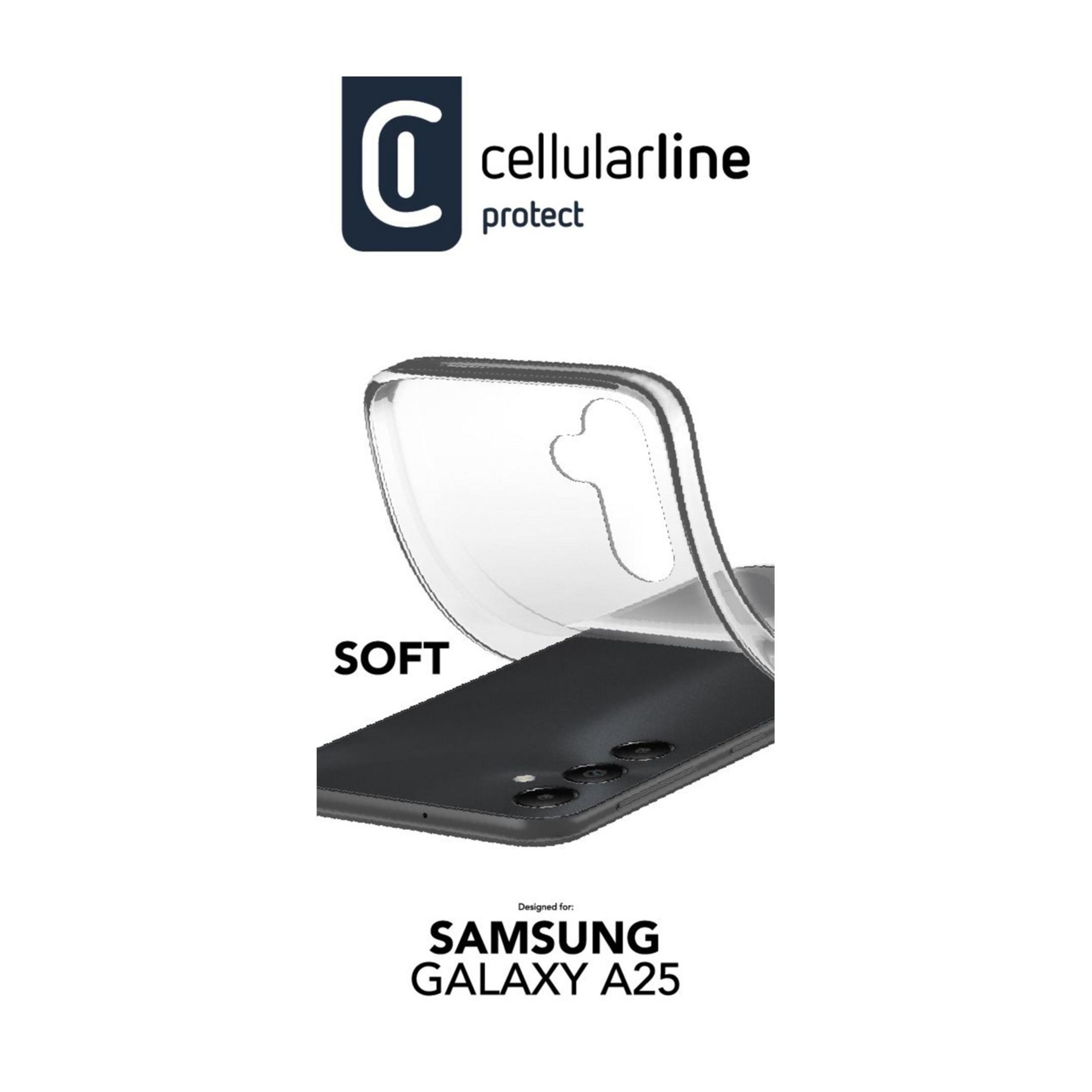 Custodia trasparente su un Samsung Galaxy A25 nero.