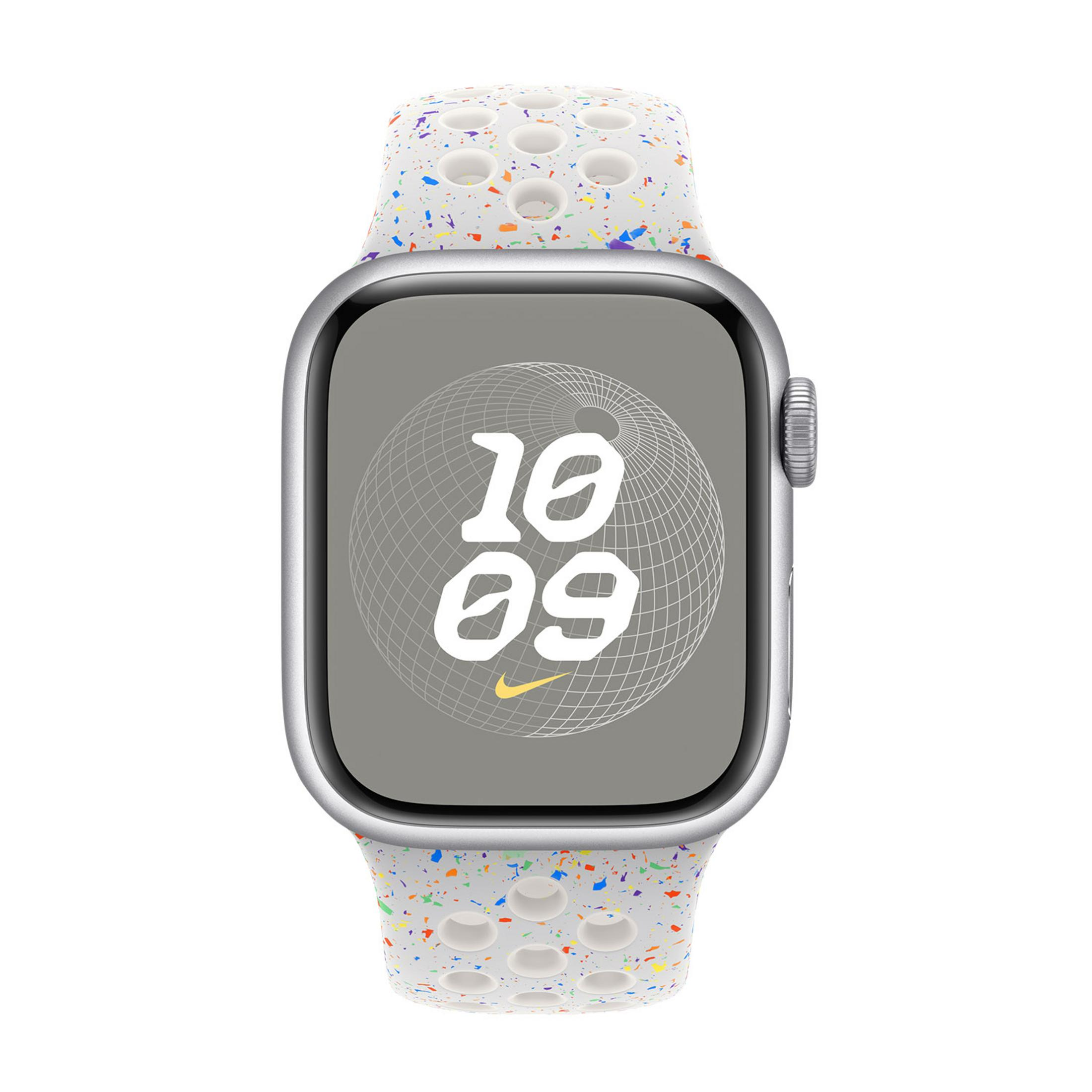 Orologio intelligente grigio con cinturino colorato che mostra le 10:09.