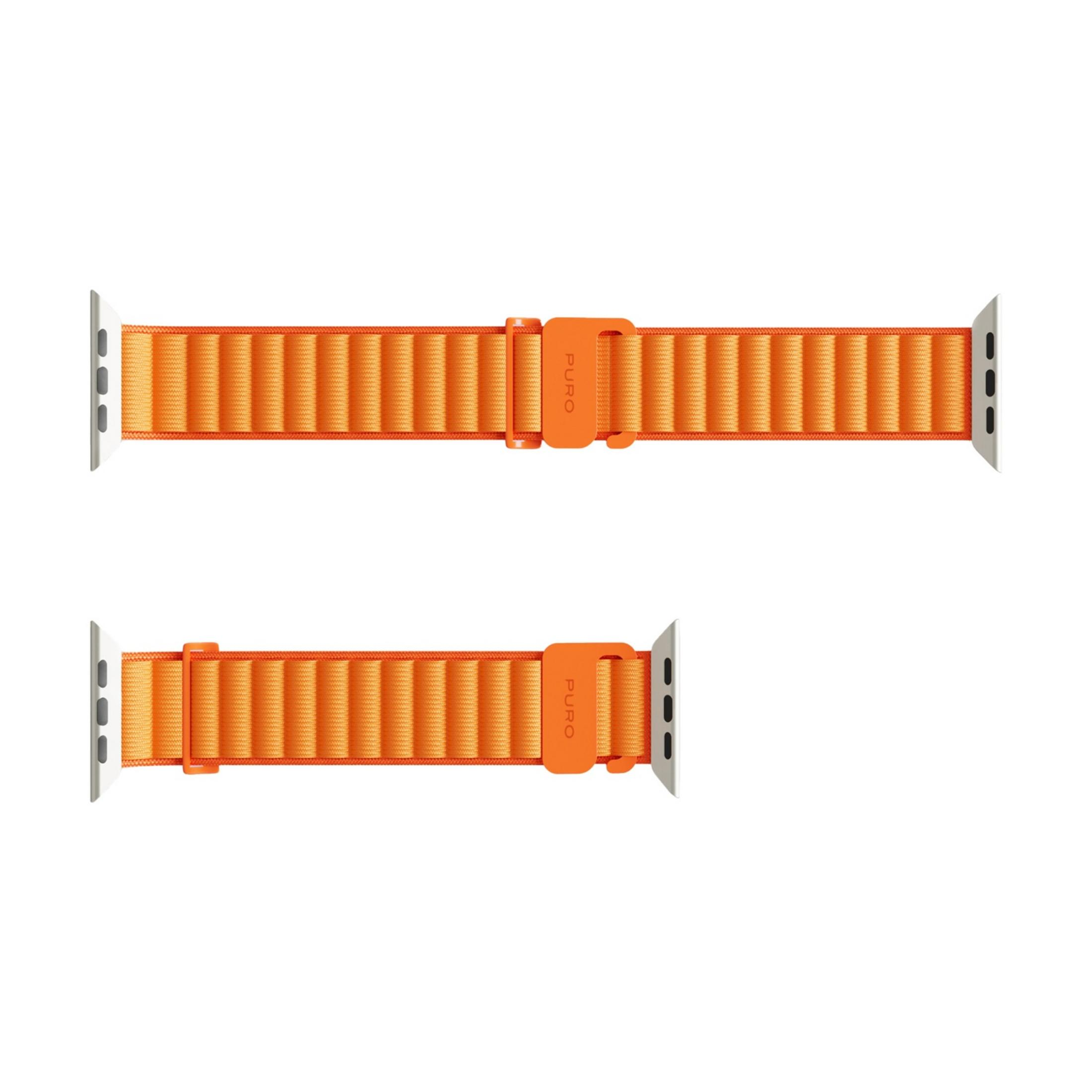 Dos correas naranjas para Apple Watch con conectores plateados sobre fondo blanco.