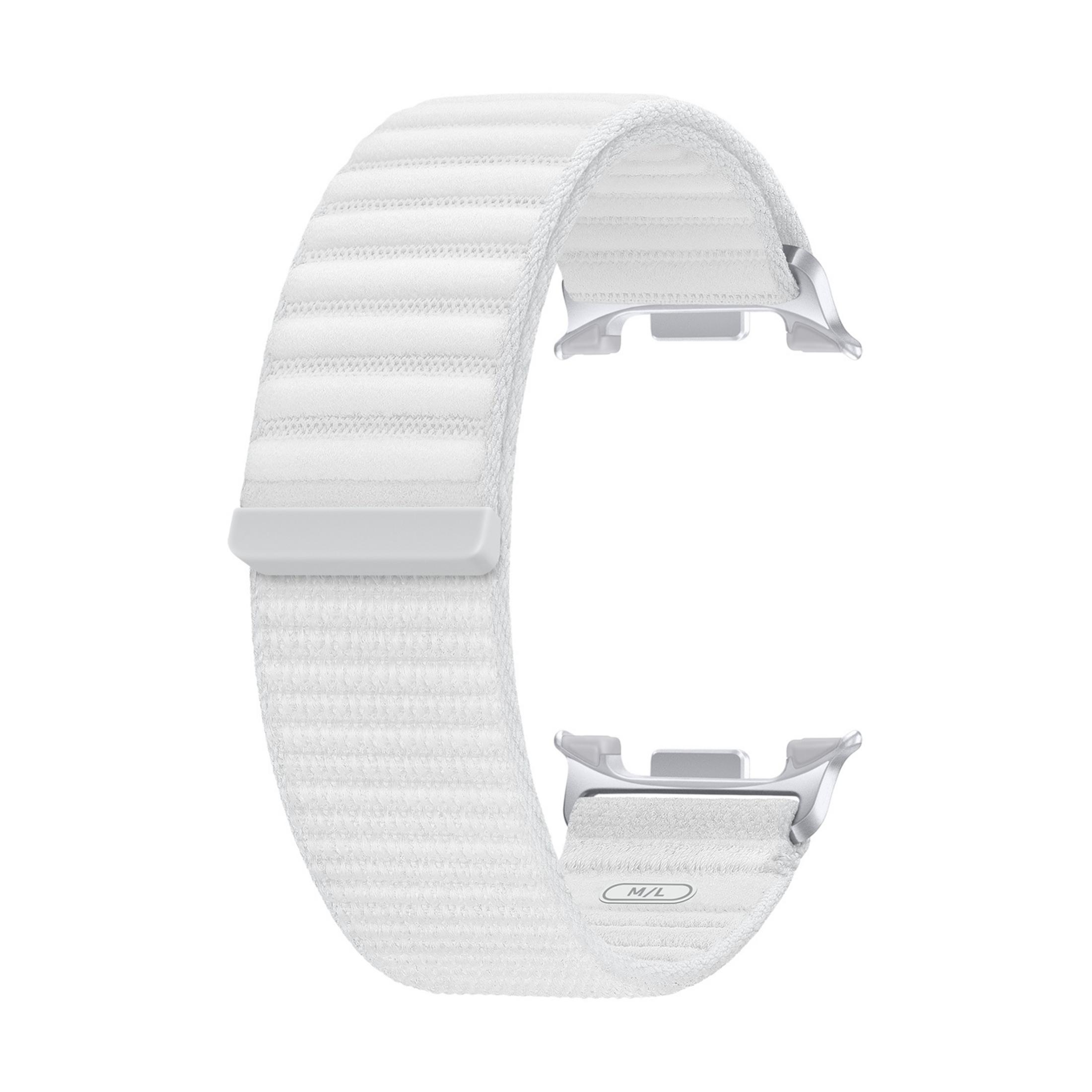 A white watch band with silver connectors and size M/L marking.