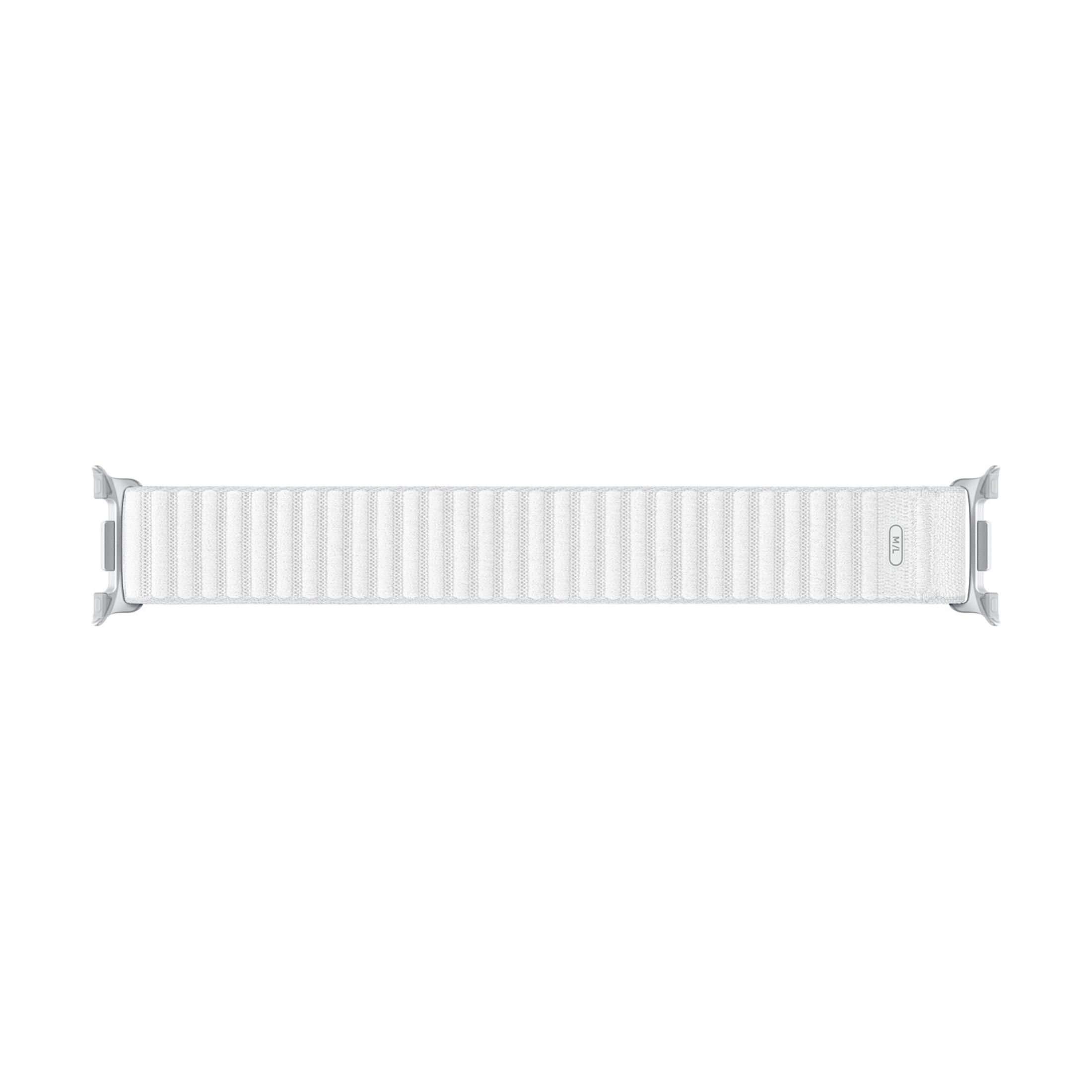 A white, vertically ribbed textile watch band with silver connectors.