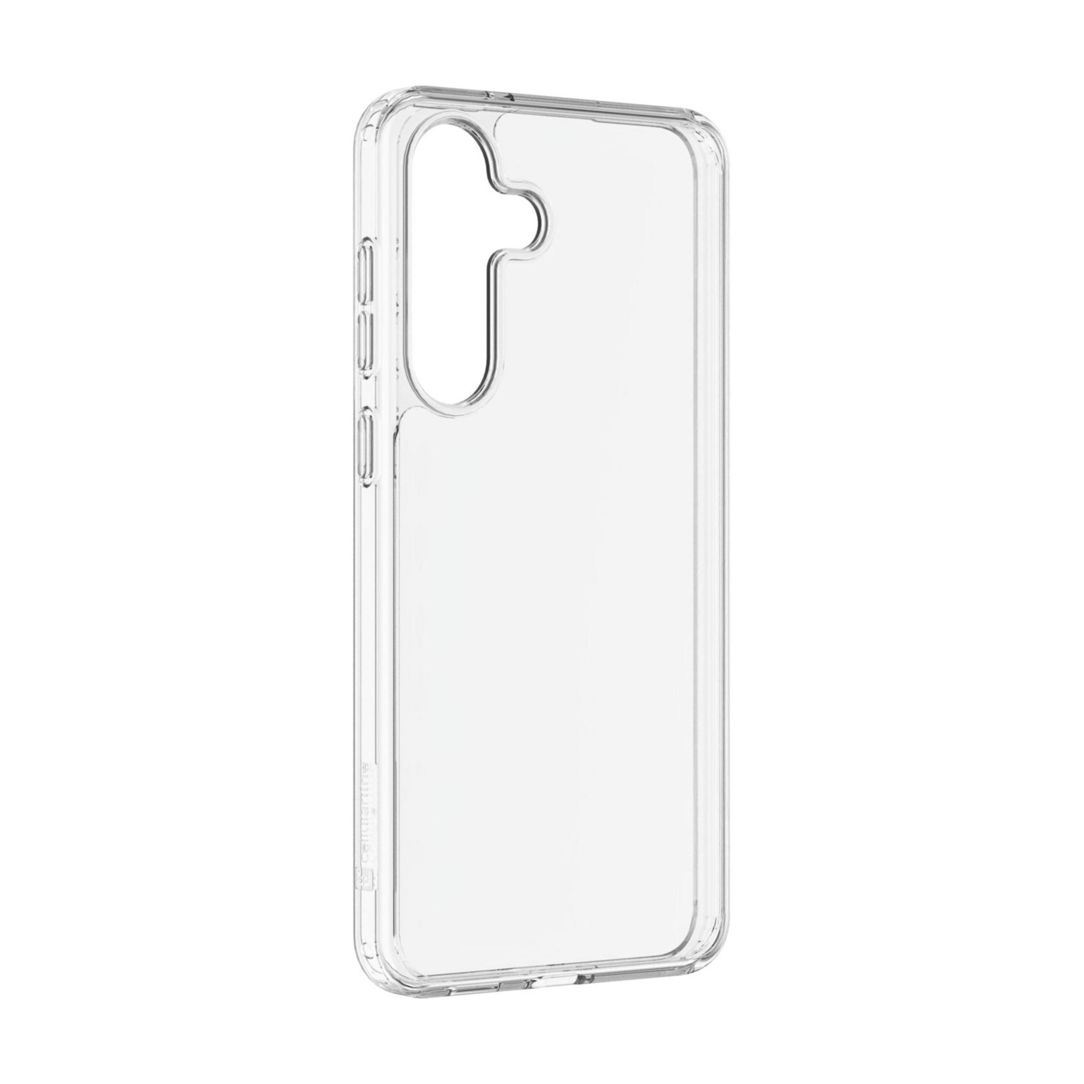 Una custodia trasparente per telefono con ritagli per fotocamera e pulsanti.
