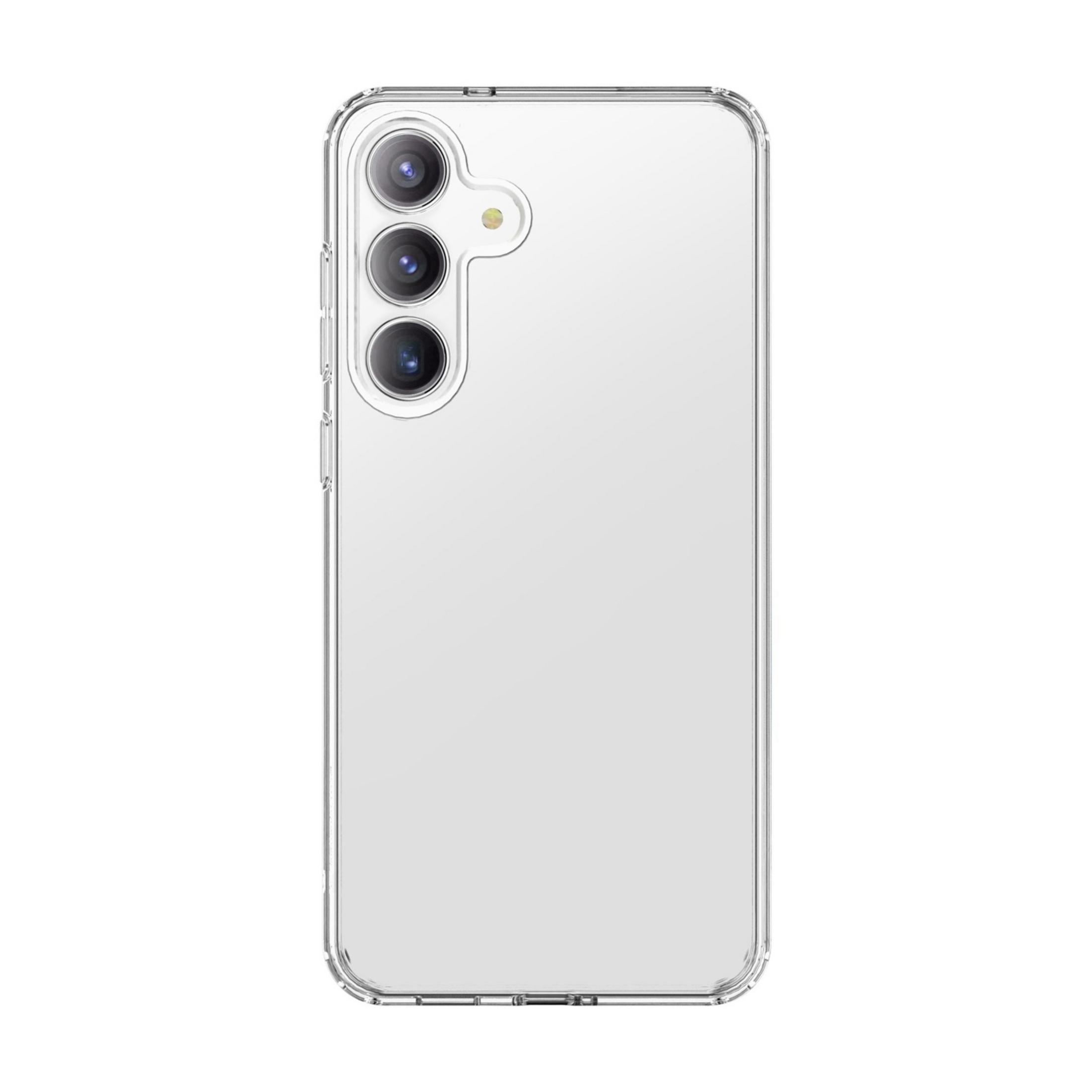 Una custodia trasparente per telefono con tre obiettivi della fotocamera in alto a sinistra.