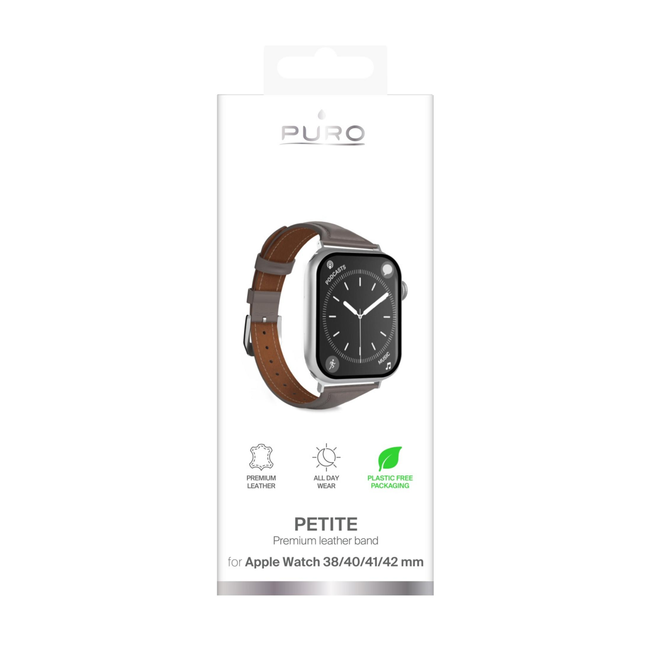 Embalaje PURO con correa de cuero gris para Apple Watch y esfera.