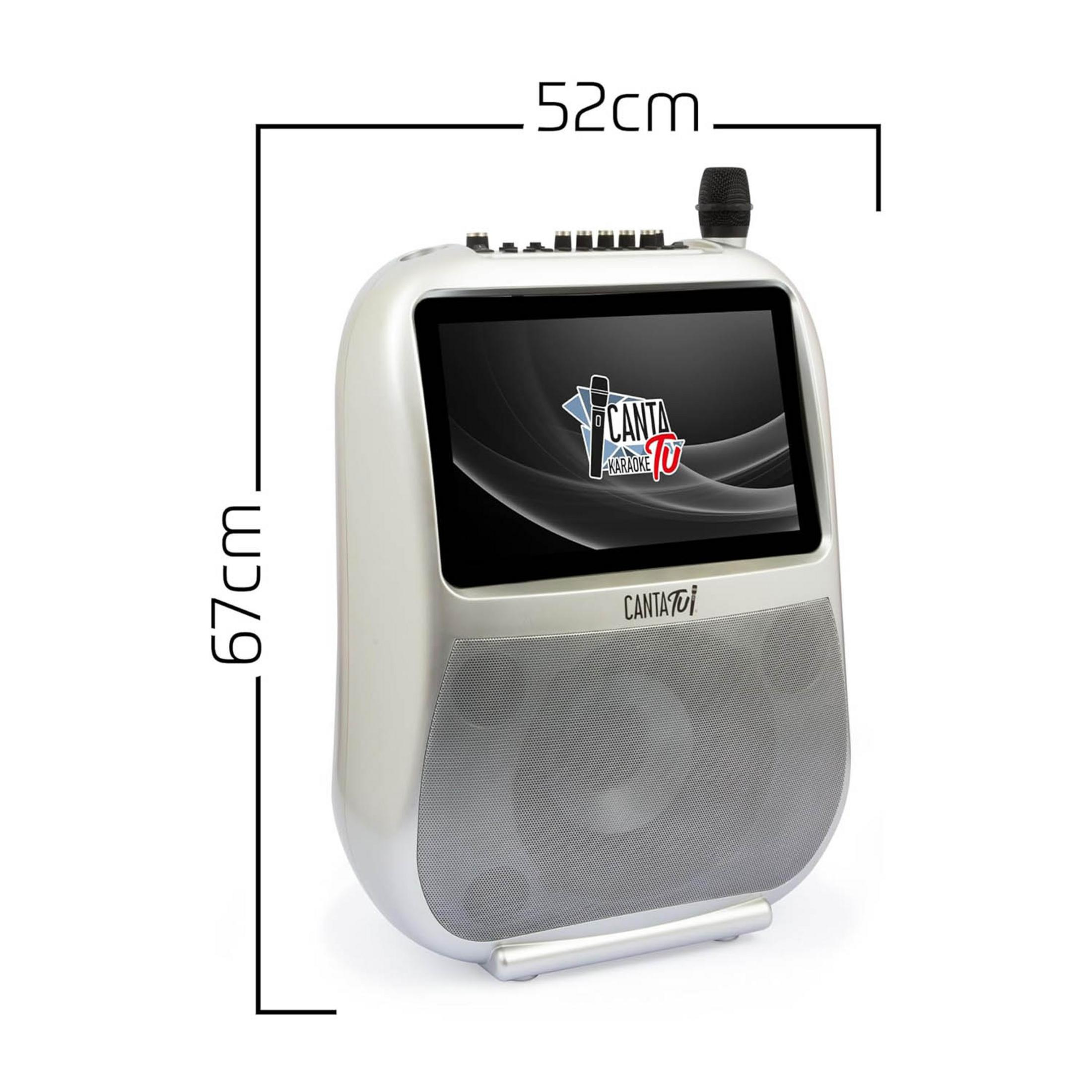 Máquina de karaoke plateada con pantalla, micrófono y altavoz.