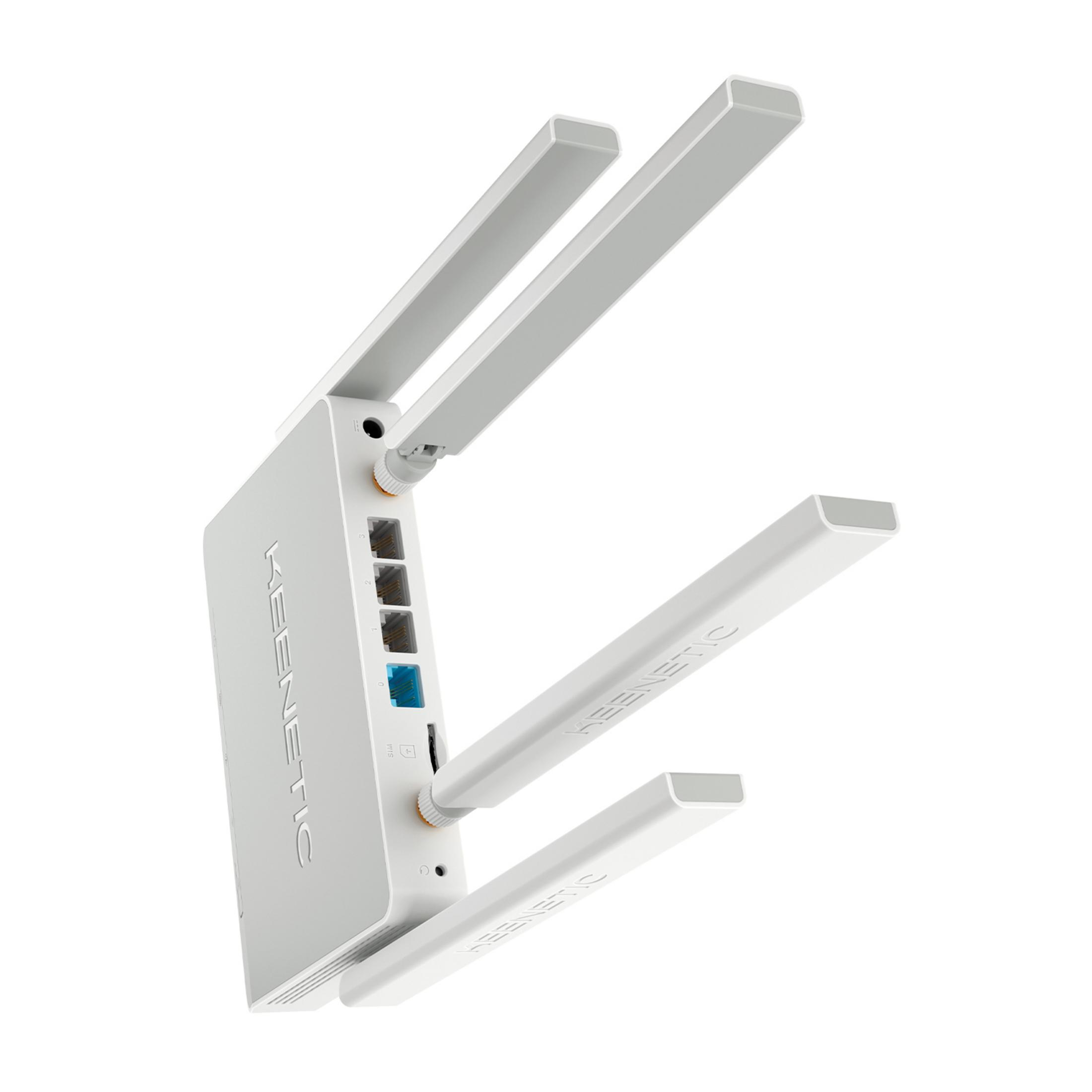 Biały router Keenetic z trzema antenami i portami Ethernet.