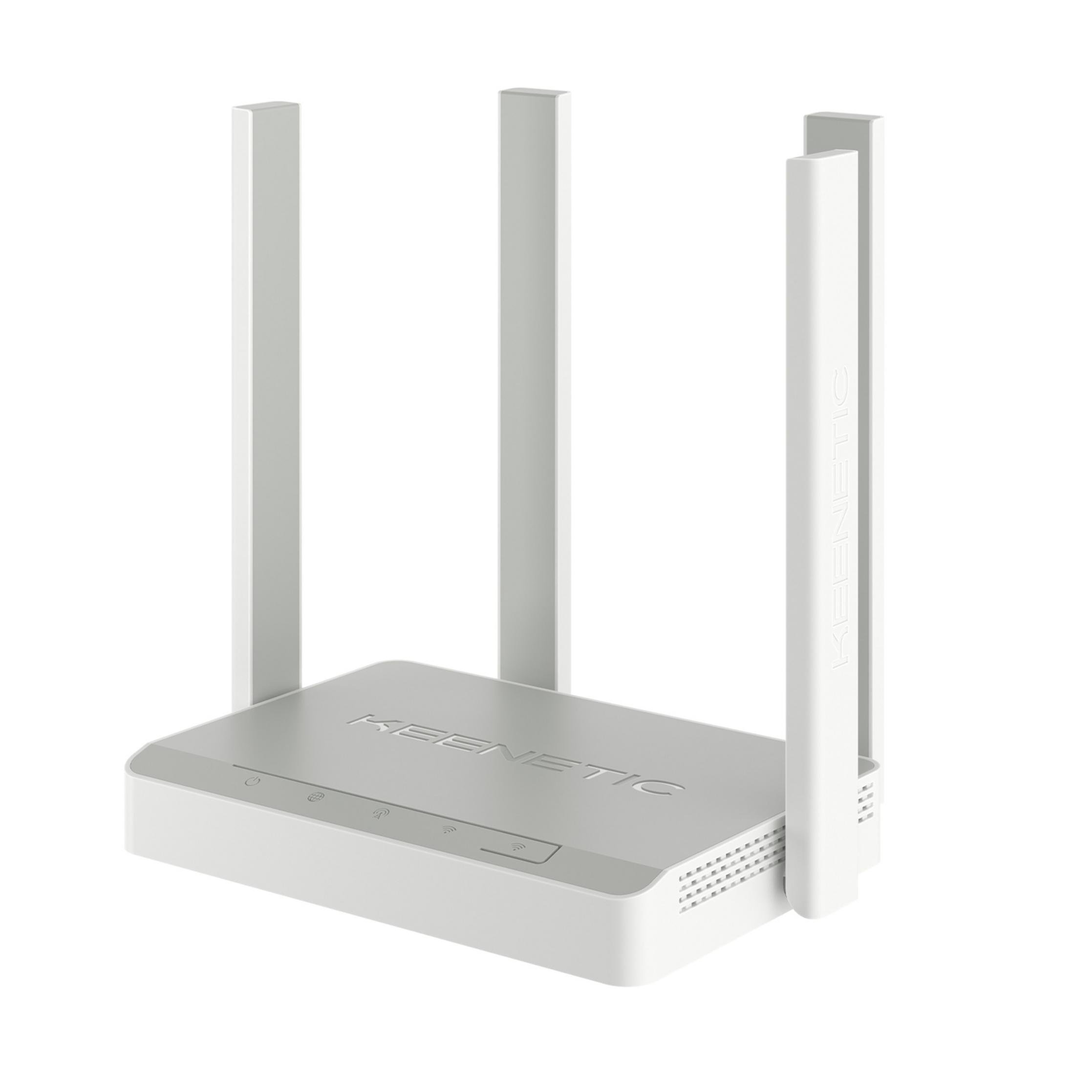 Biały router Keenetic z czterema antenami na białym tle.