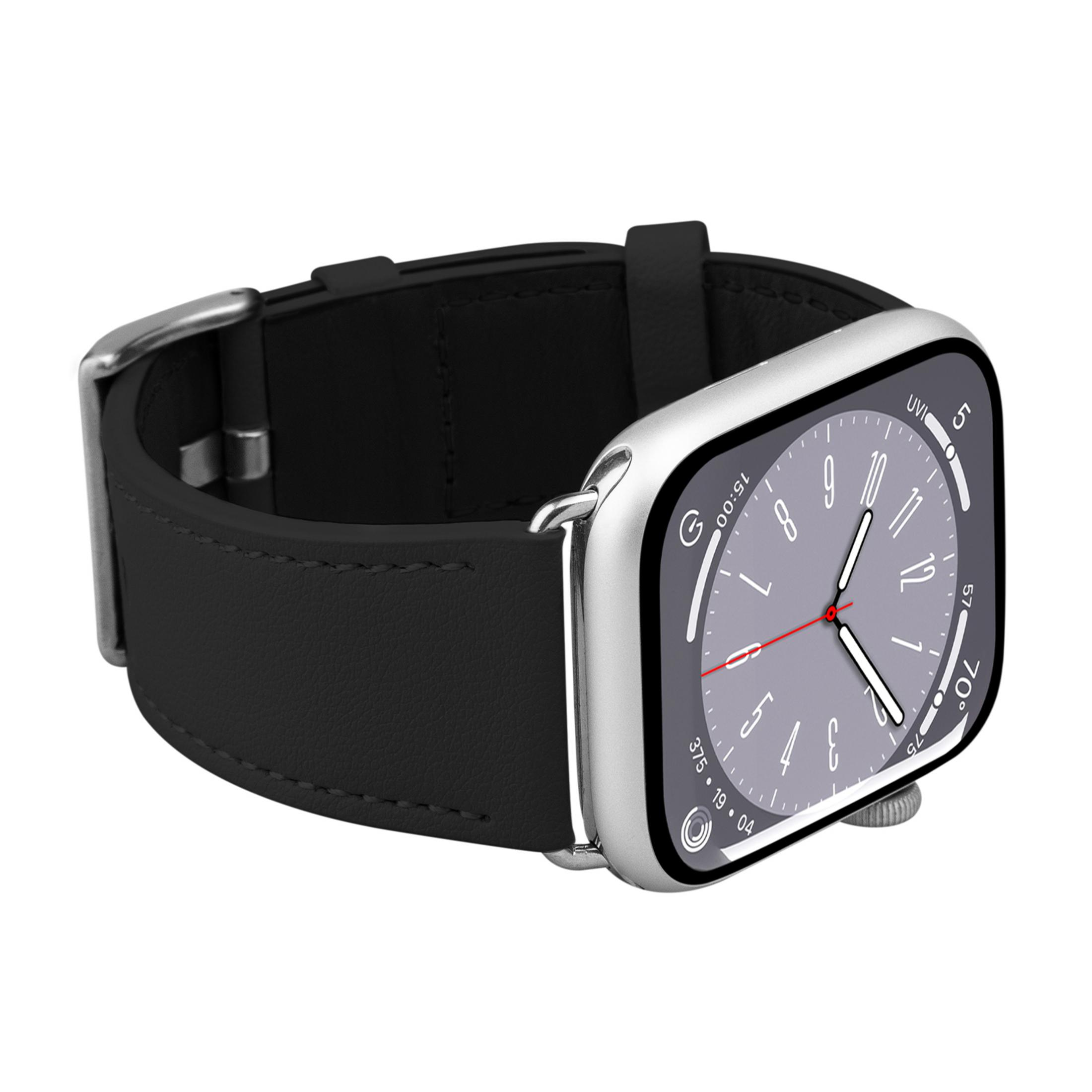 Uno smartwatch nero con cassa argentata e quadrante grigio.