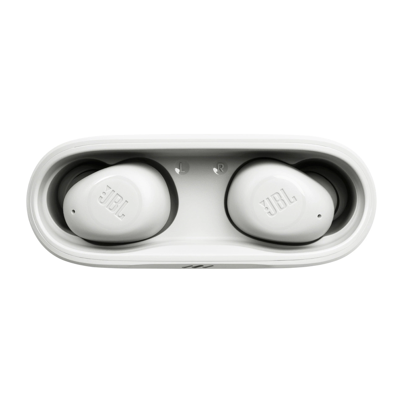 Białe słuchawki JBL w etui ładującym, widok z góry.